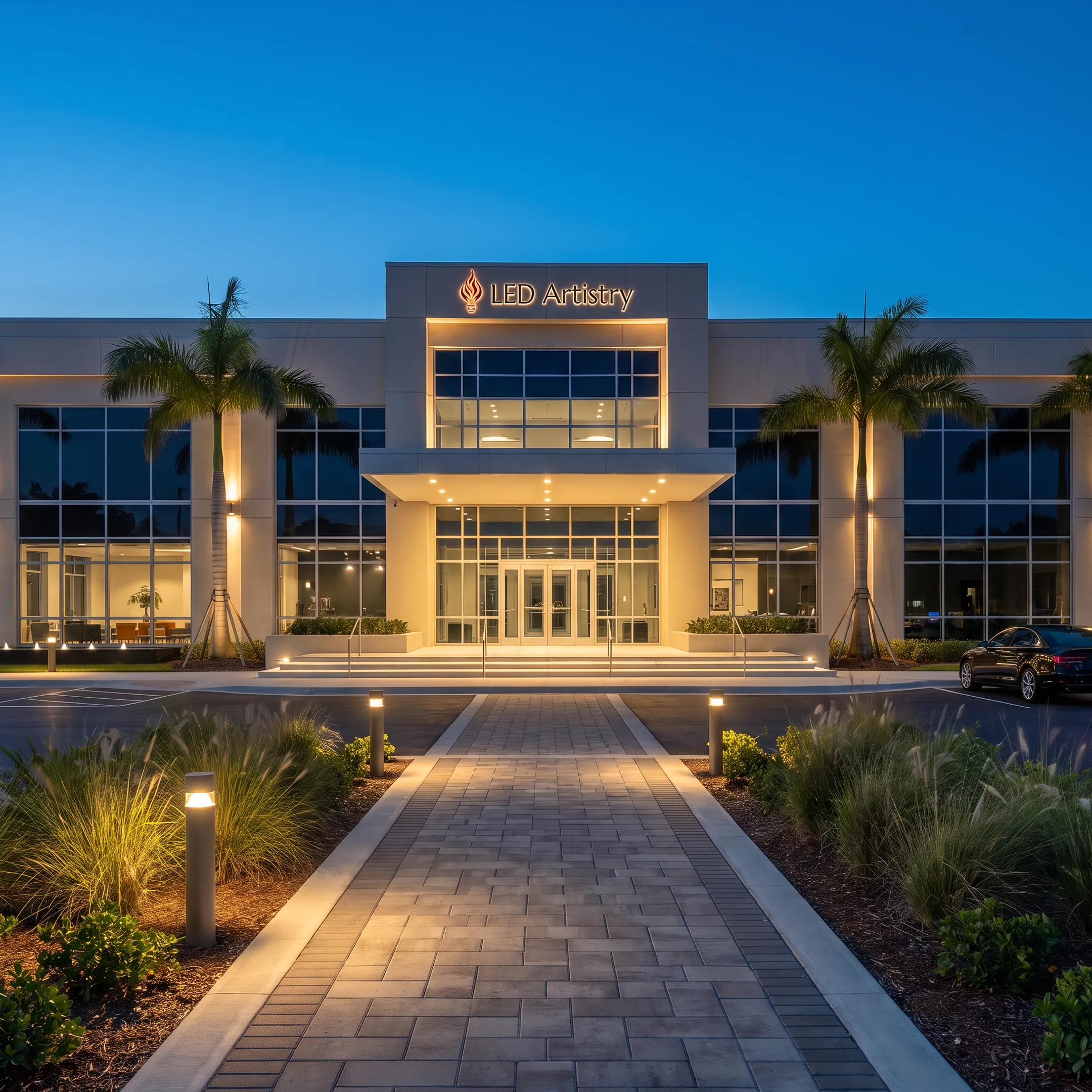 Commercial building illuminated with LED architectural lighting