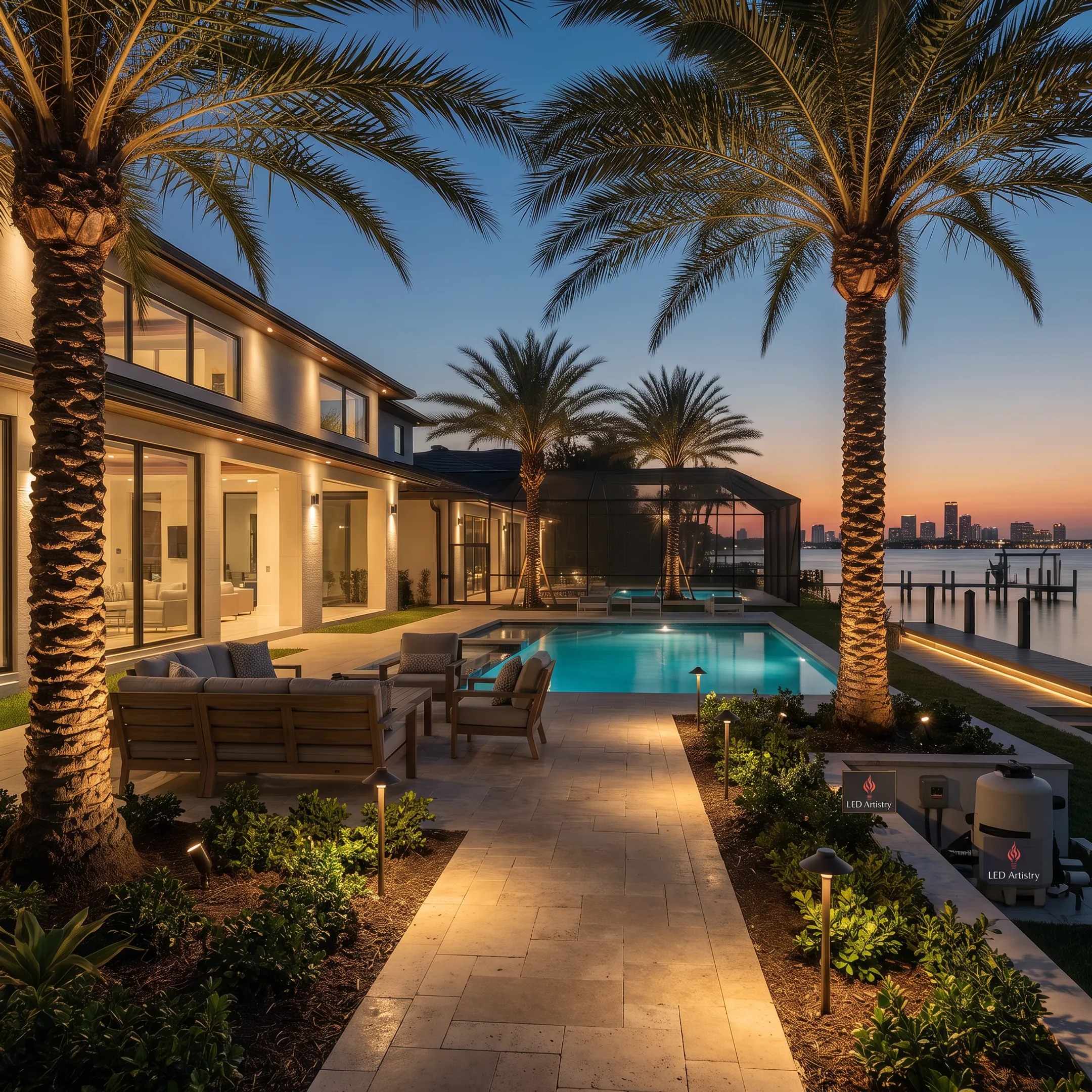 Professionally illuminated backyard landscape at night