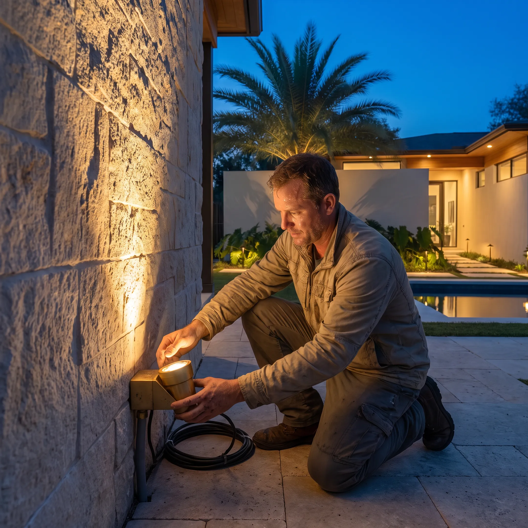 Lighting designer positioning wall grazing fixtures