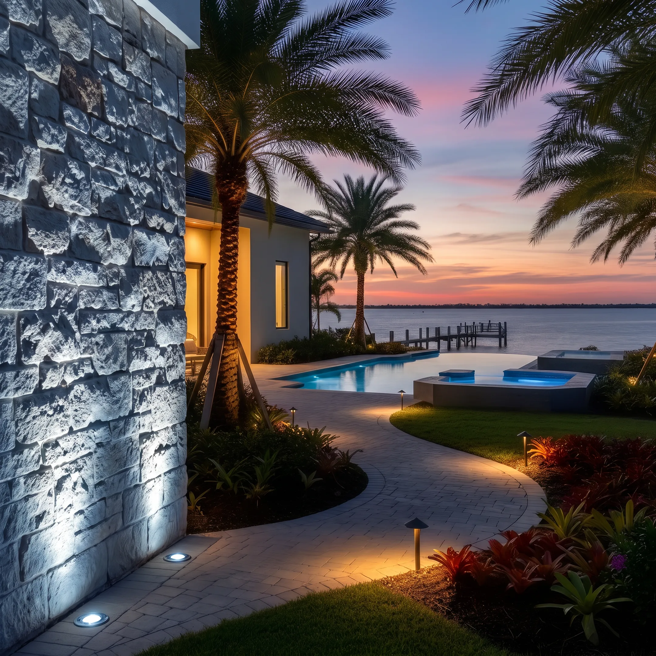 Modern exterior wall illuminated with grazing lights