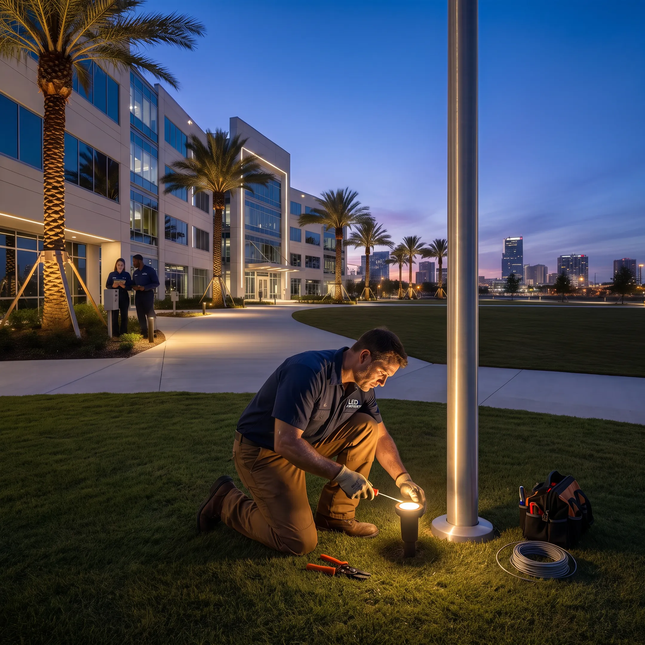 Technician aiming LED fixtures at a commercial flagpole