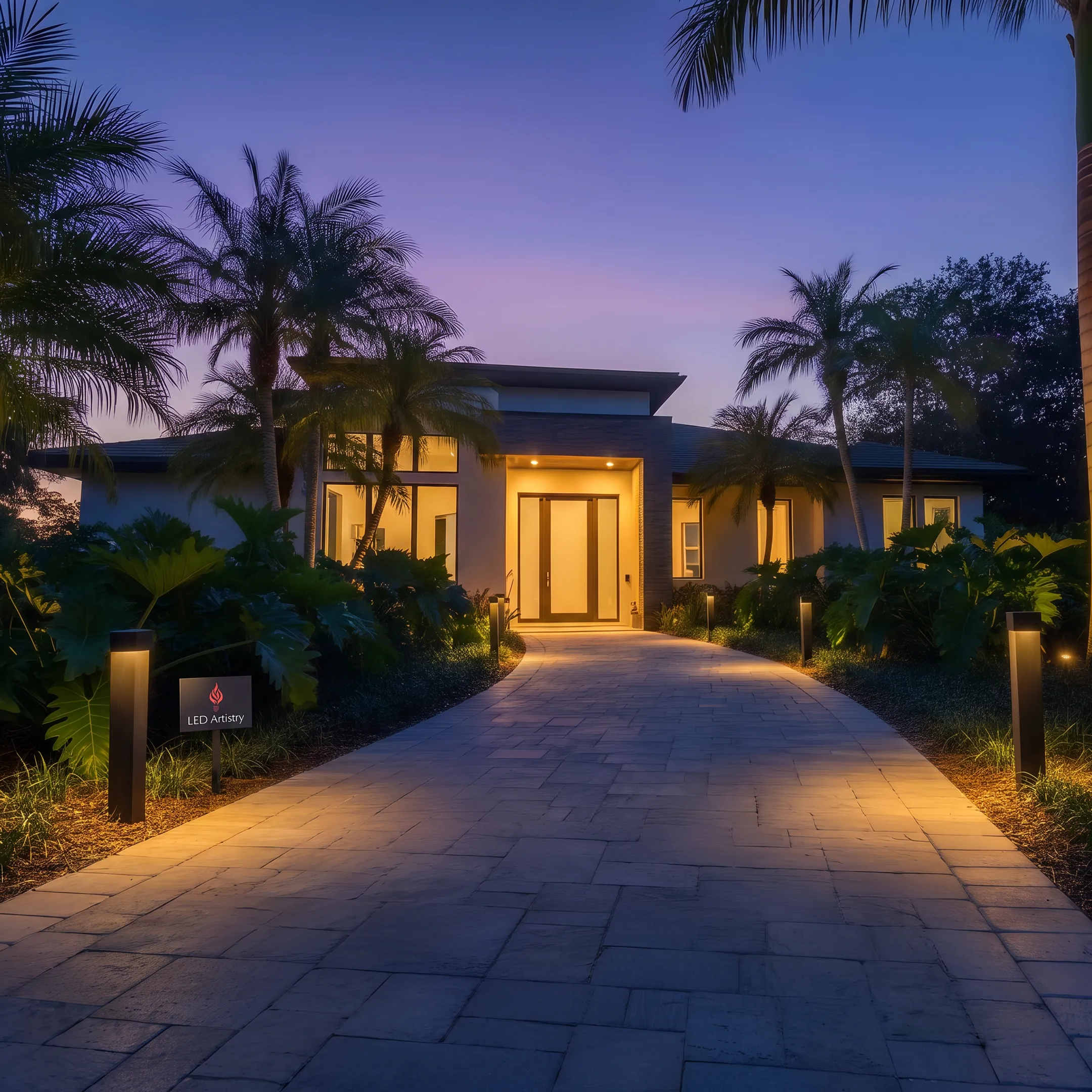 Restored LED lighting along a home walkway