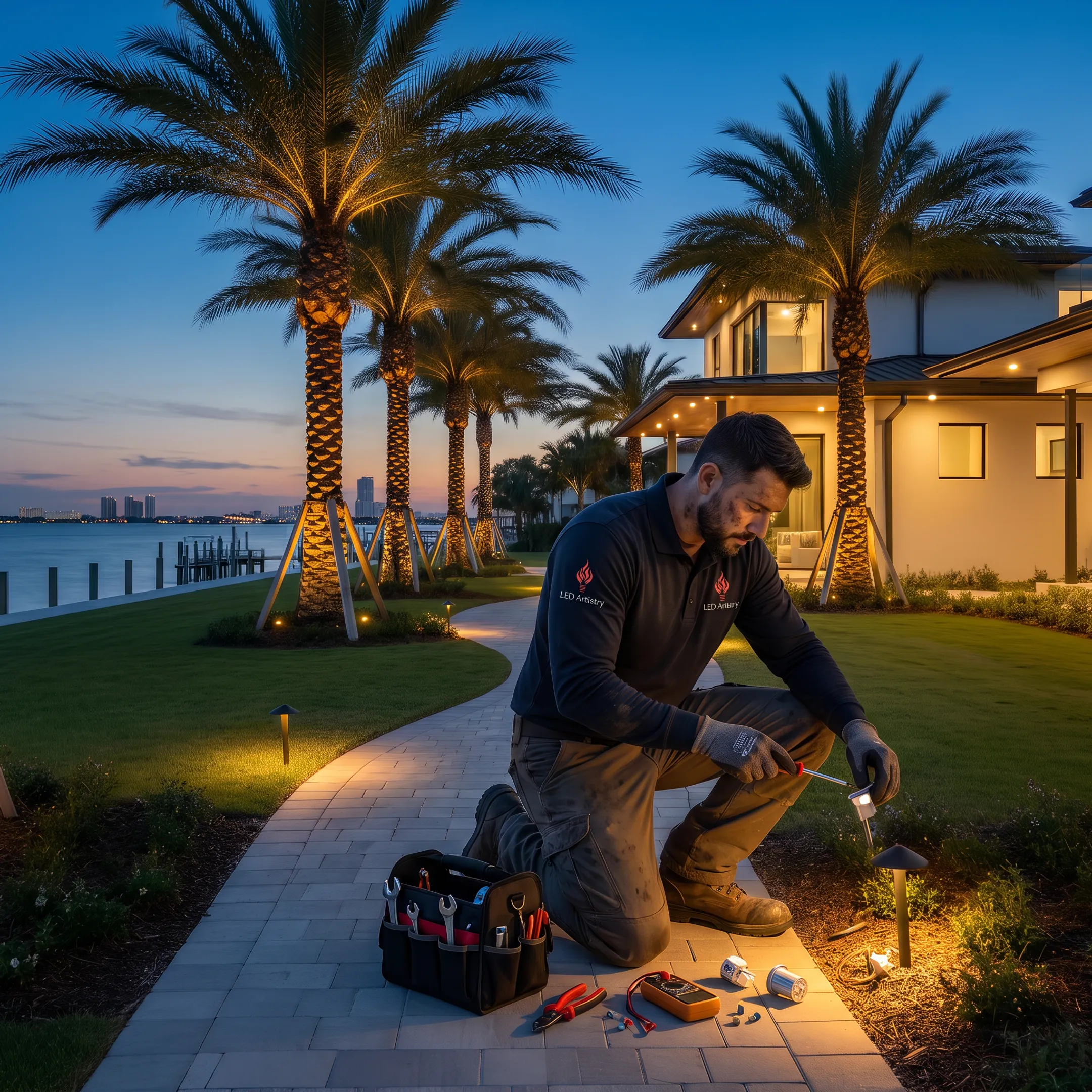 Technician repairing an outdoor landscape light