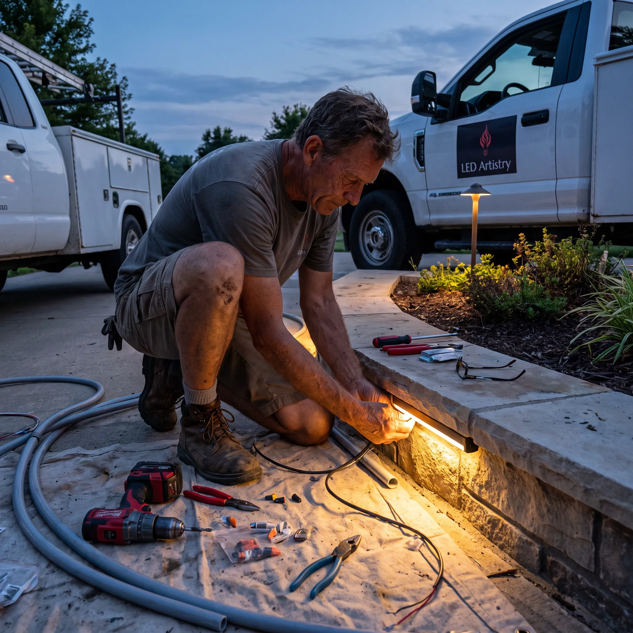 Installer positioning linear LED lights on an outdoor patio