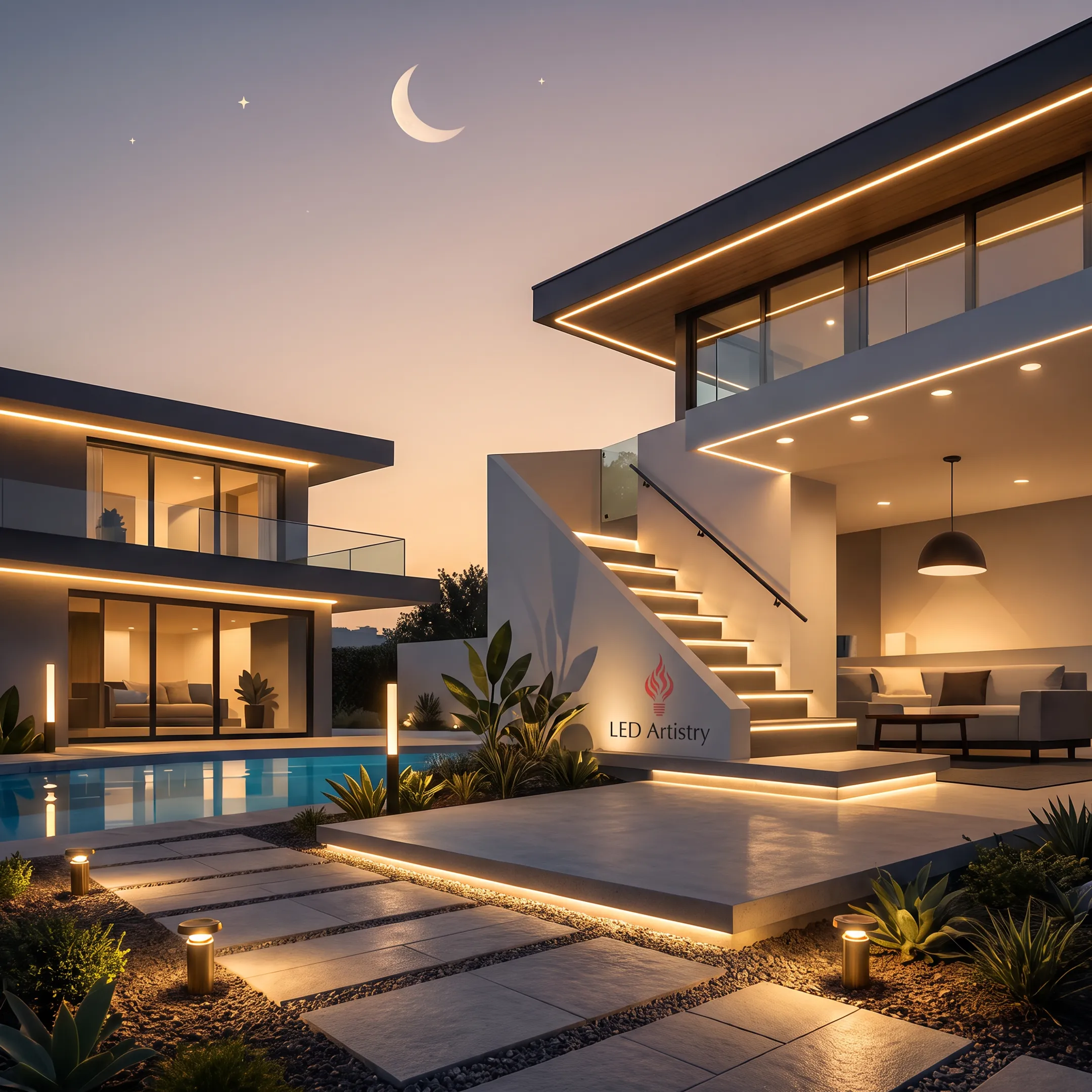 Modern home accented with outdoor linear LED lighting