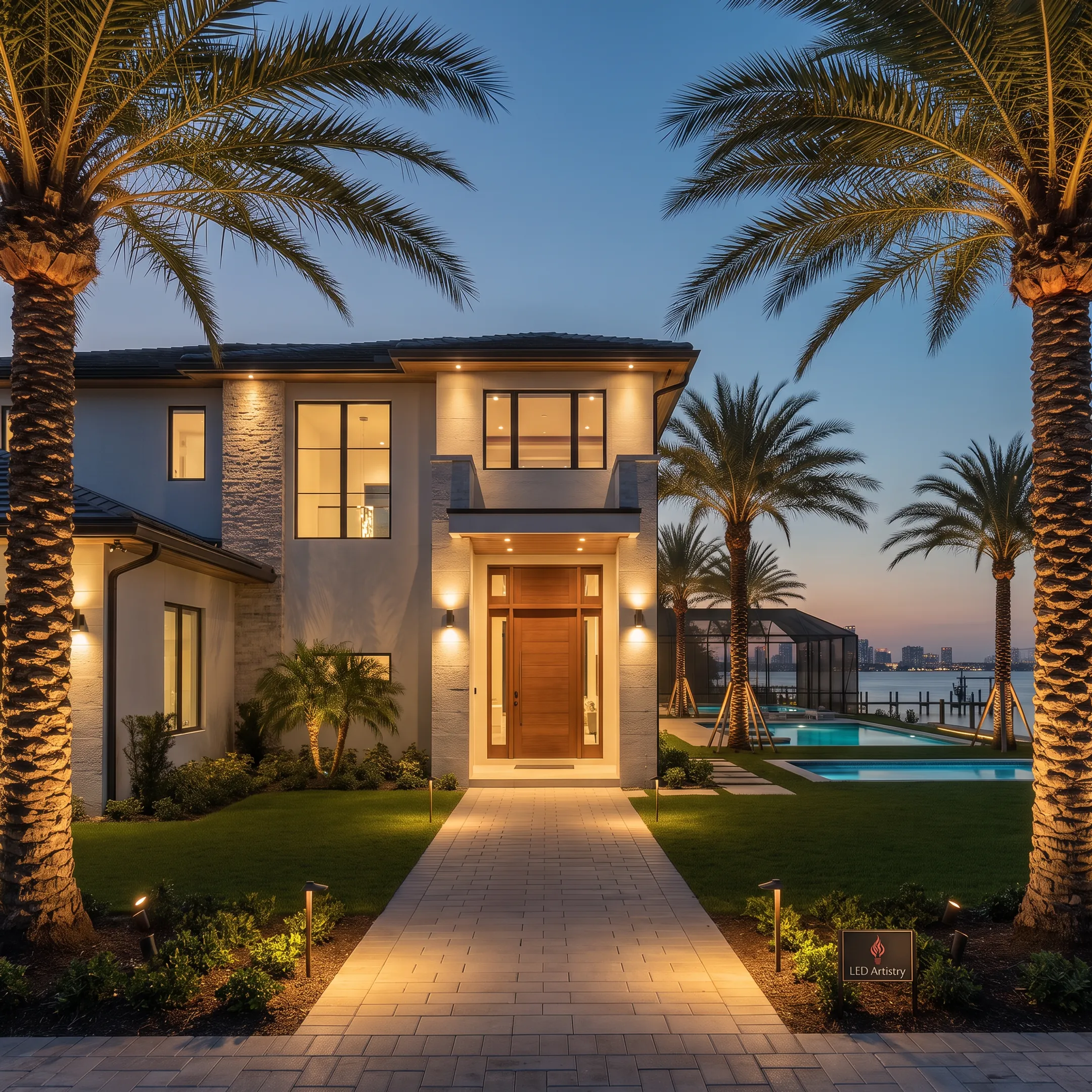 Outdoor LED lighting illuminating a landscaped home at night