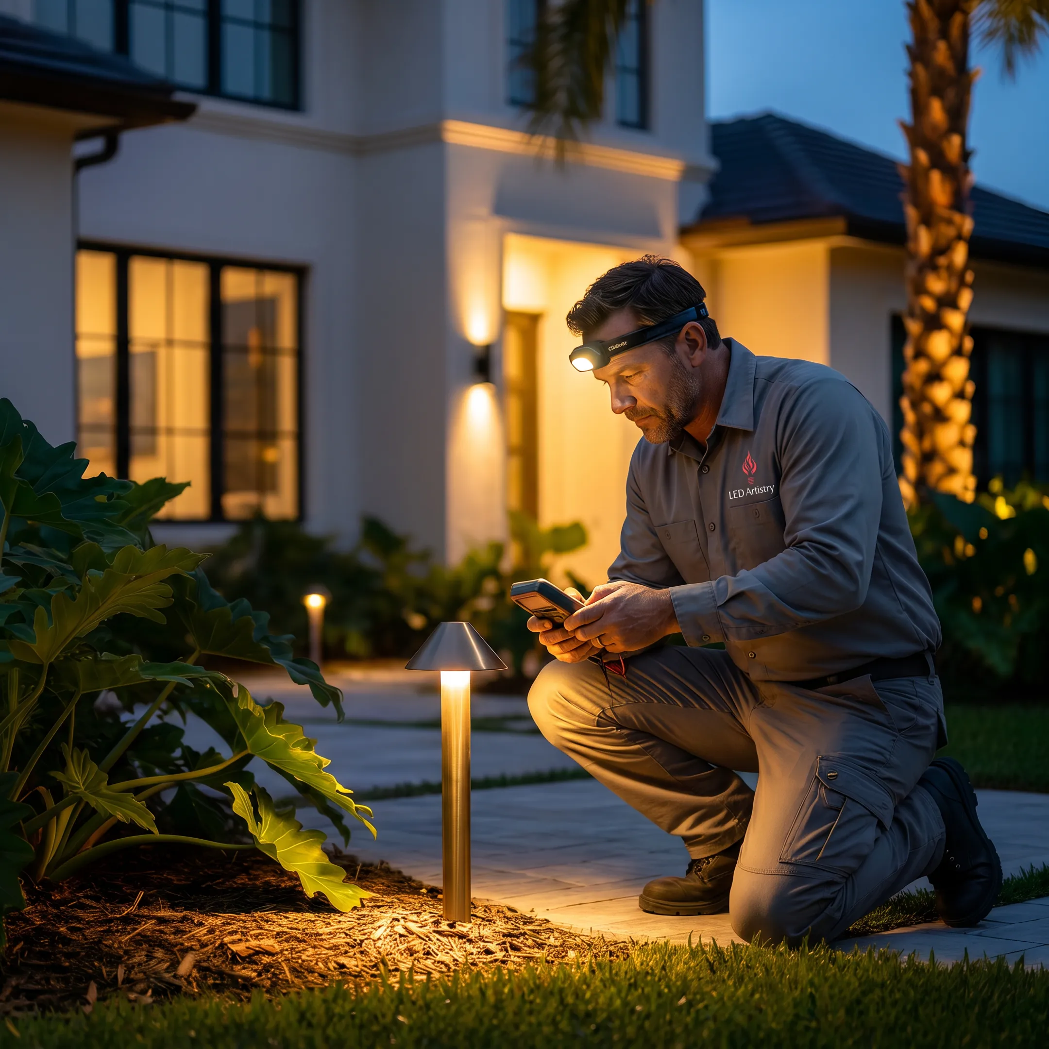 Lighting designer planning outdoor LED fixture placement