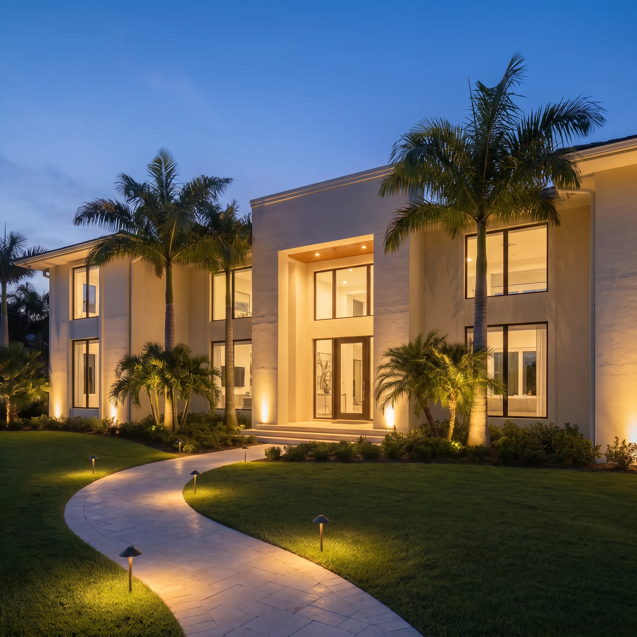 Illuminated residential landscape and entryway at night