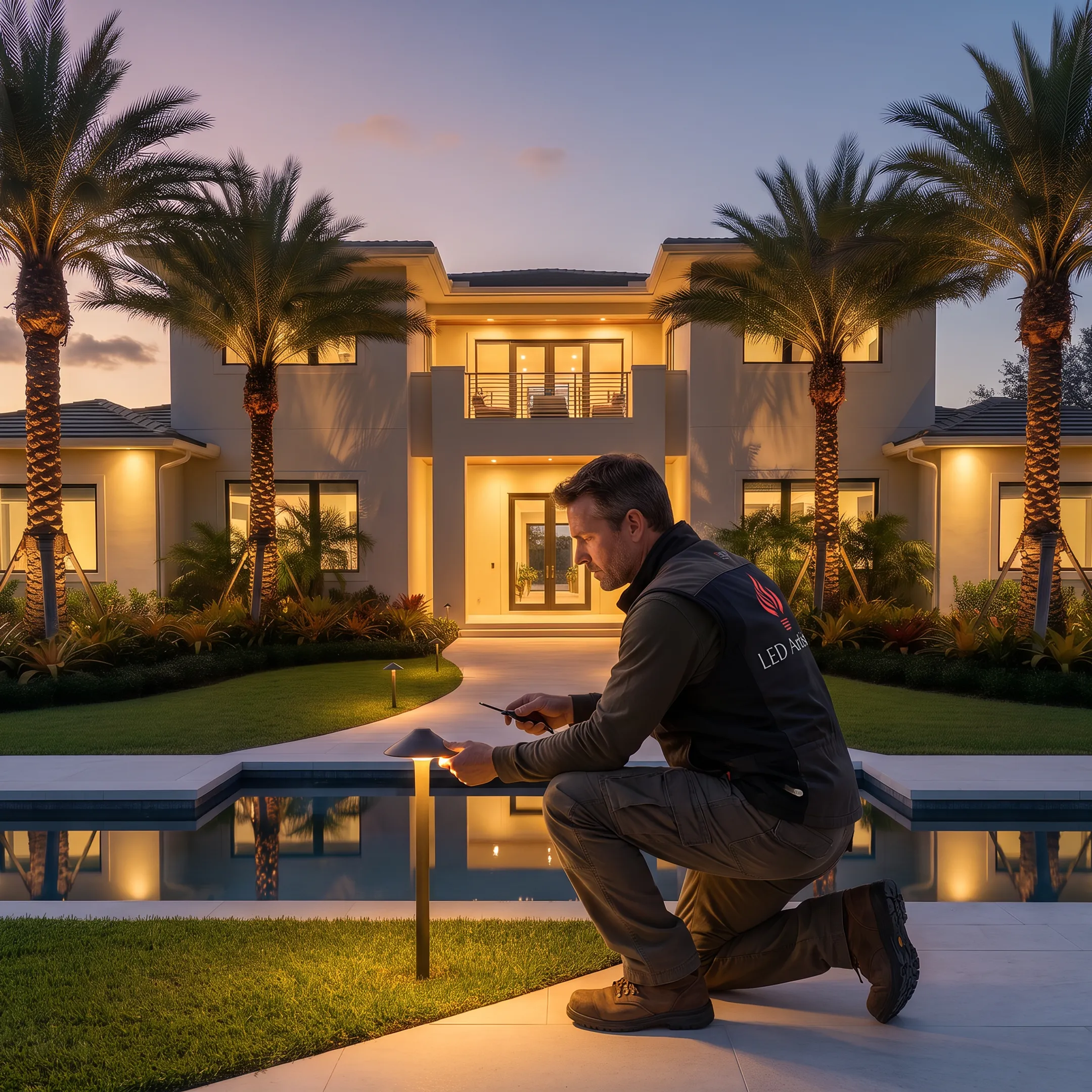 Lighting designer reviewing a nighttime outdoor lighting layout