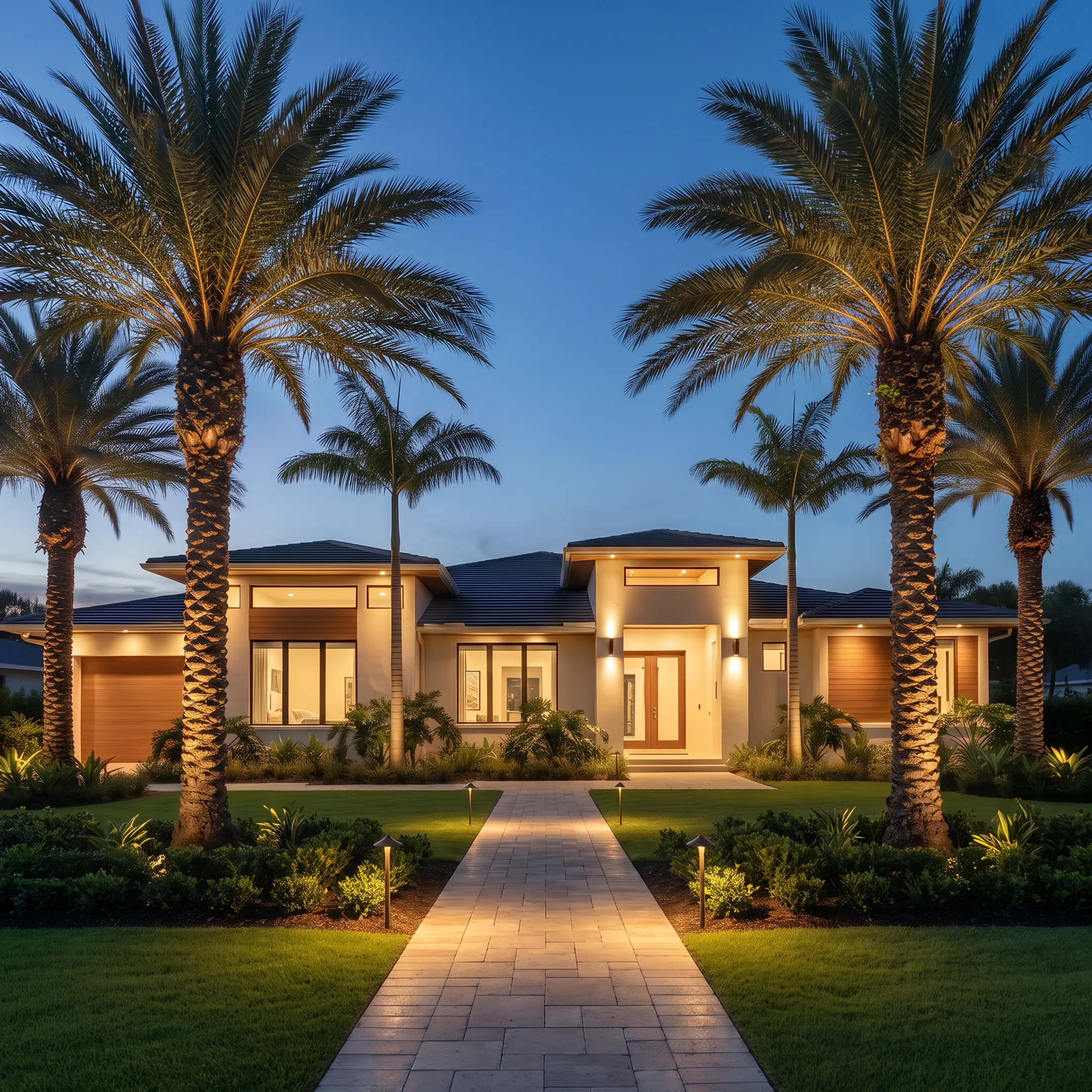 Illuminated residential landscape and pathway at night