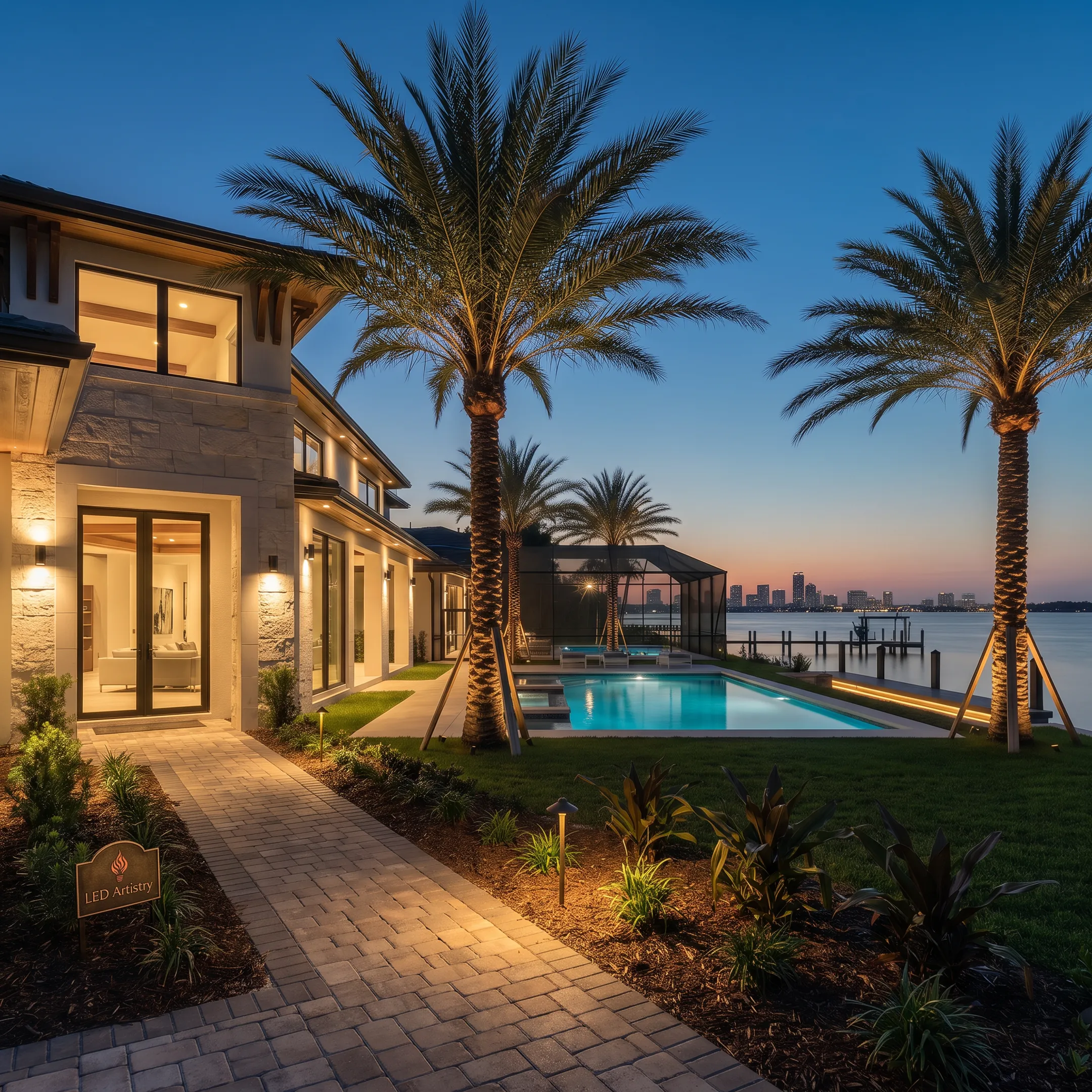 Custom permanent outdoor lighting illuminating a home and landscape