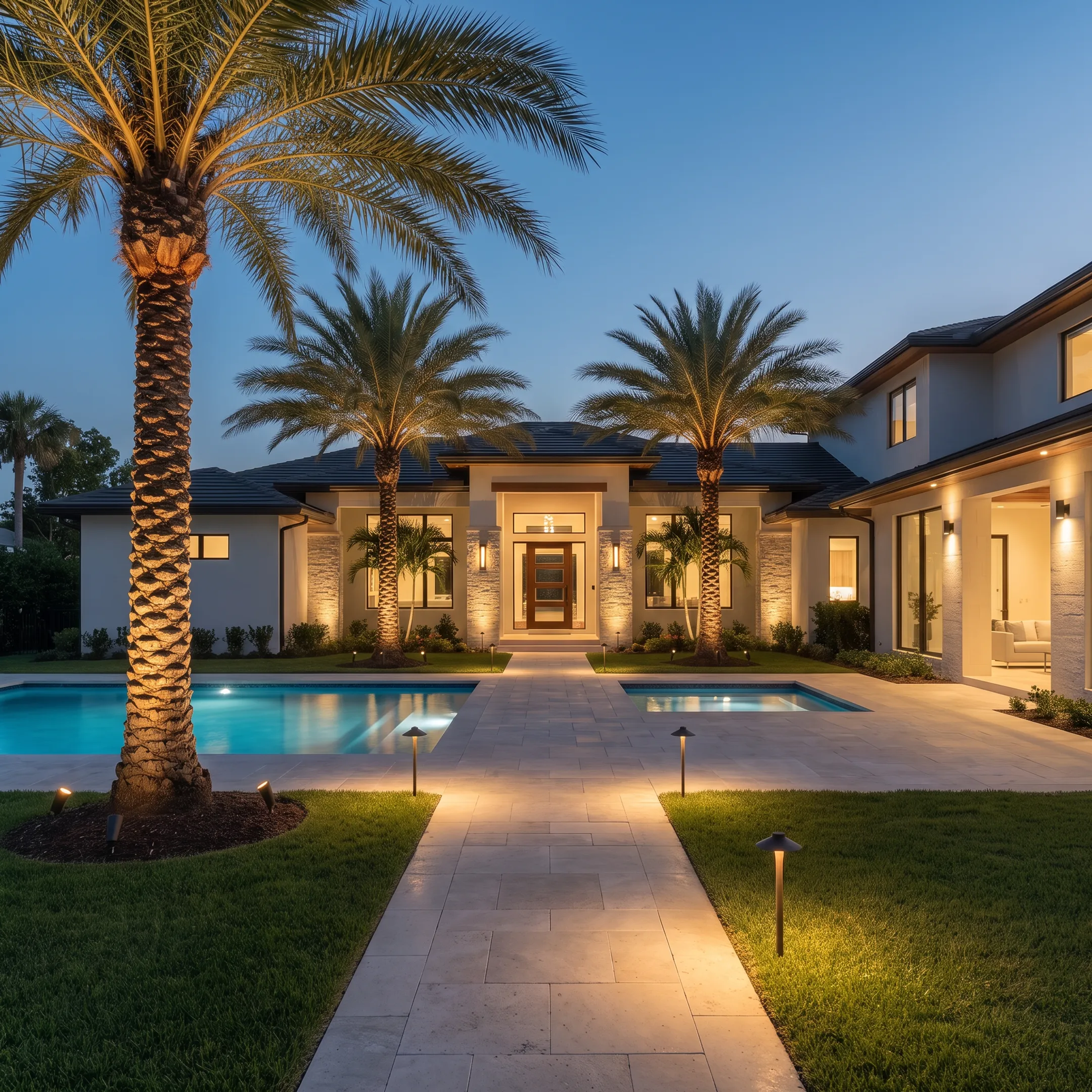 Professionally illuminated home landscape at night