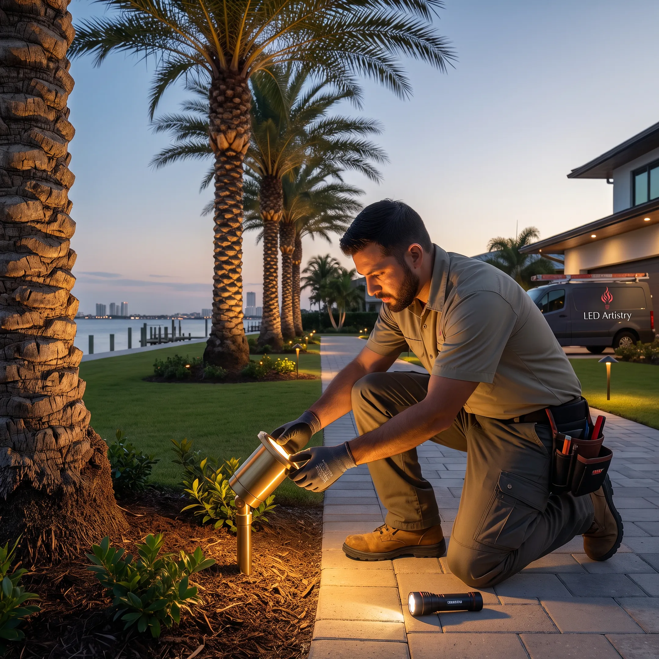 Lighting designer reviewing a nighttime landscape display