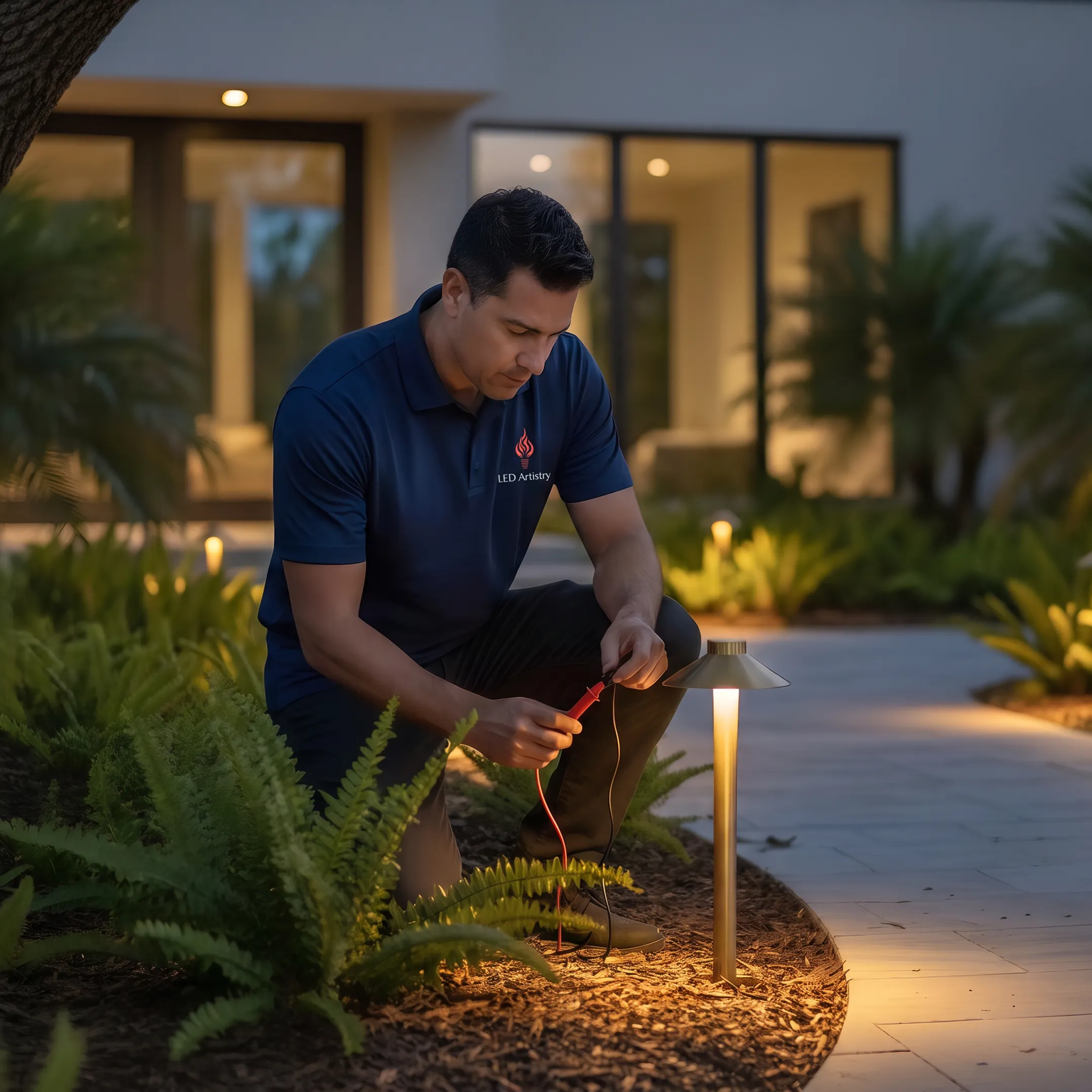 Lighting professional adjusting outdoor LED fixtures at dusk