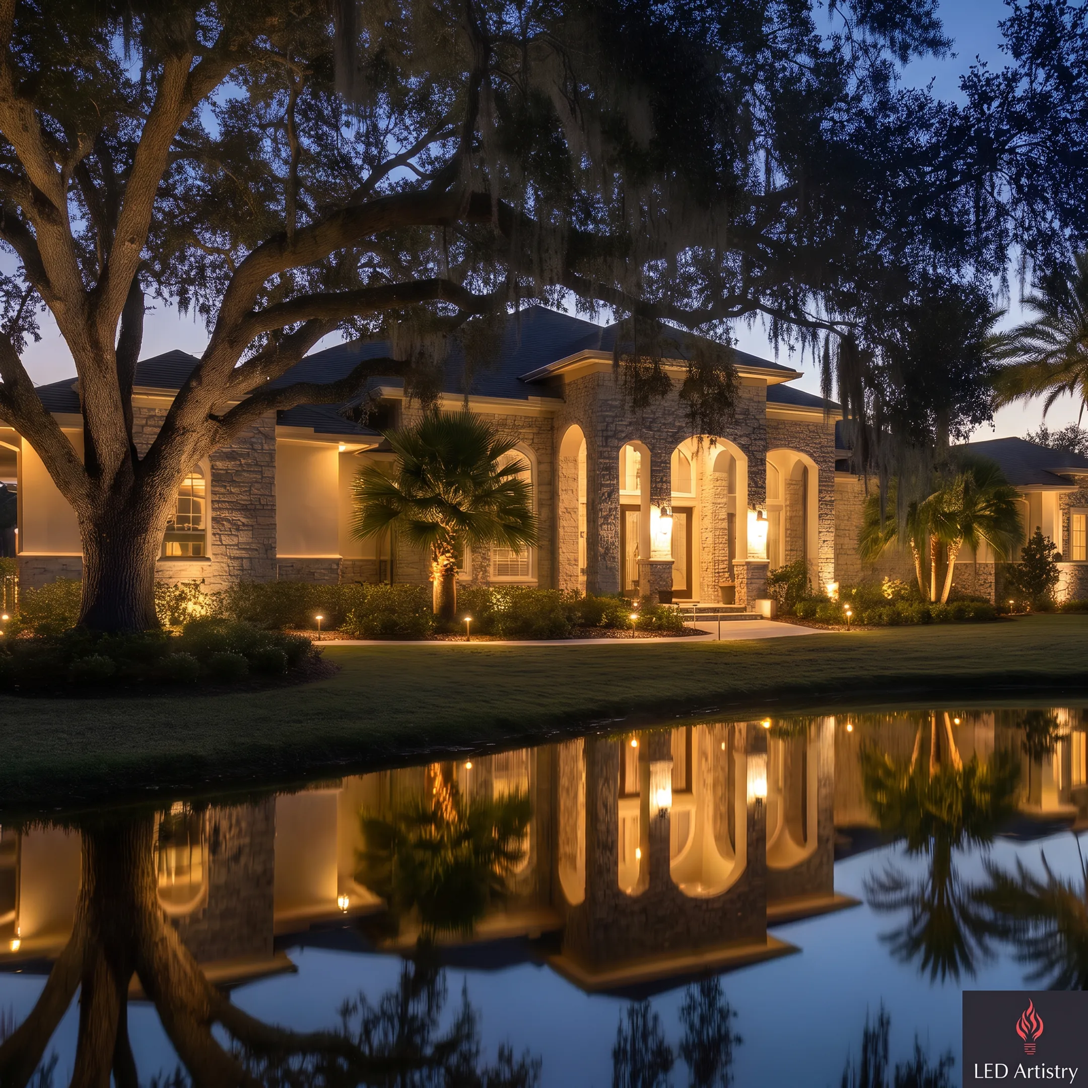 Illuminated landscape and outdoor living space at night