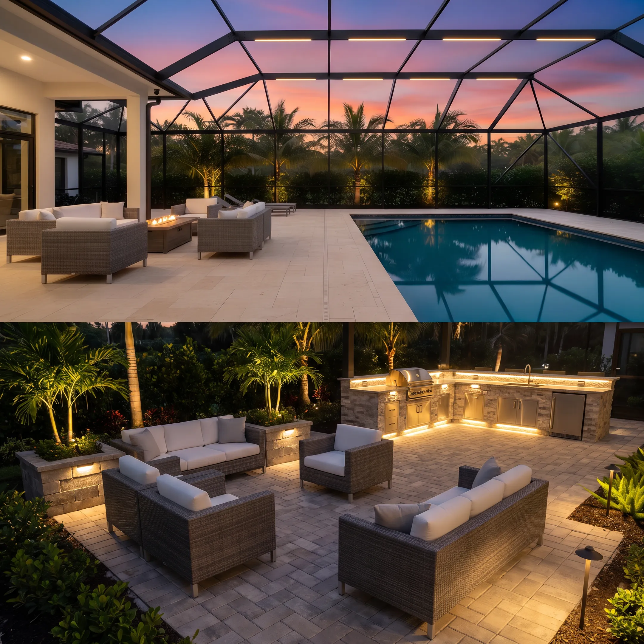 LED lighting in a pool cage seating area