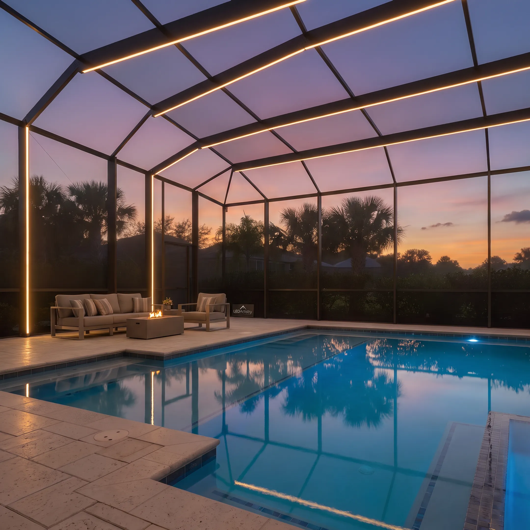 Illuminated screened pool lanai at night