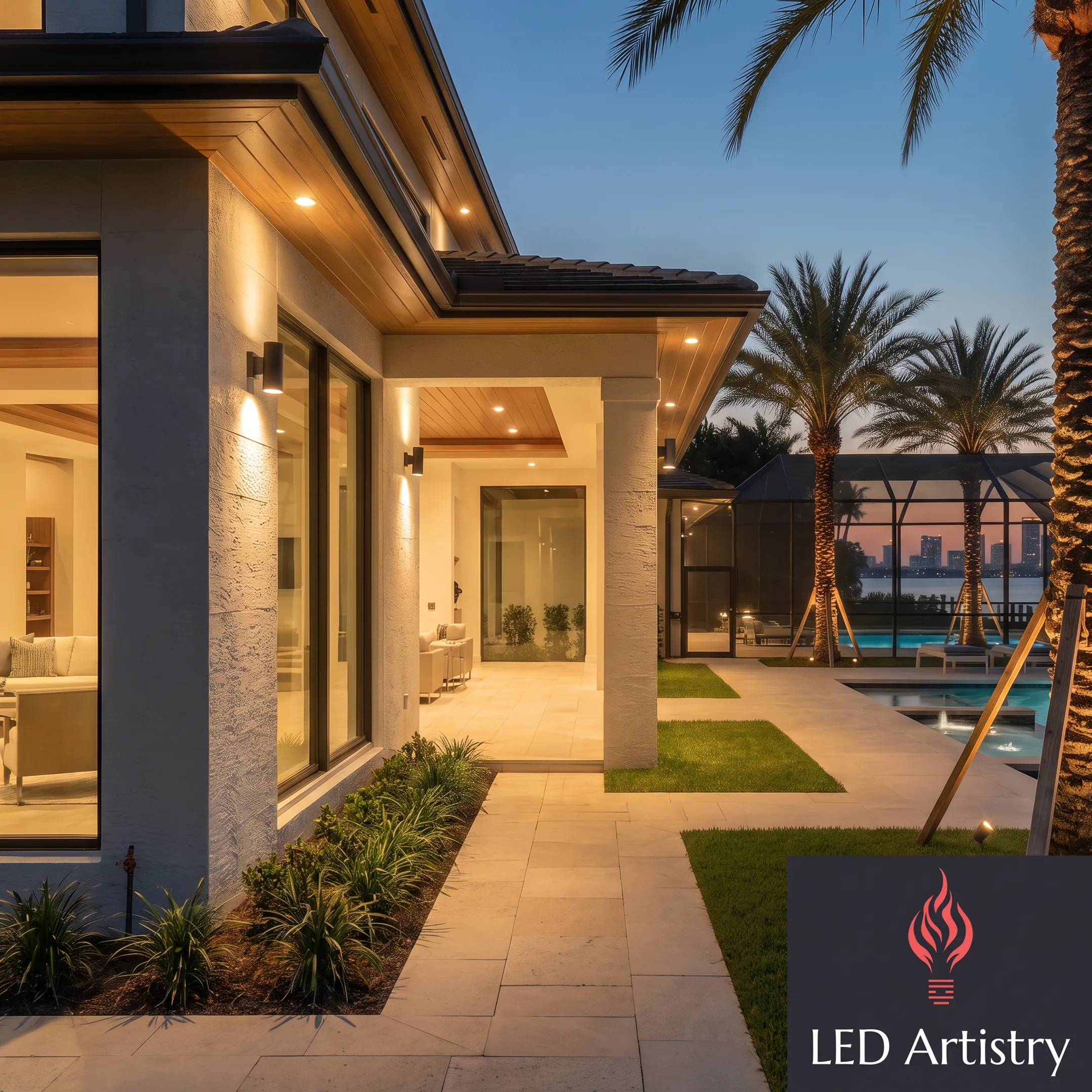 Architectural LED flood lights illuminating a modern building exterior