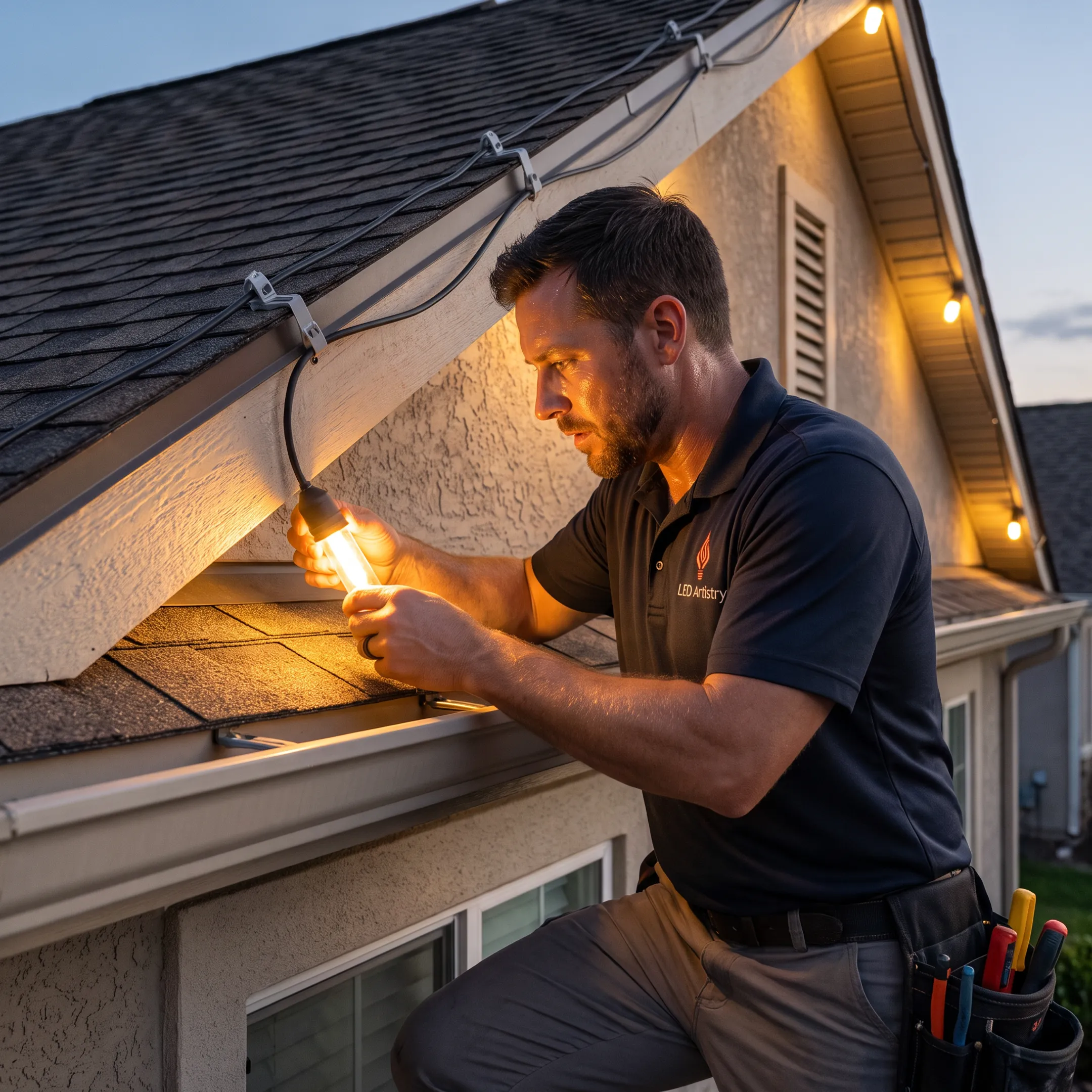 Technician planning permanent roofline LED lighting