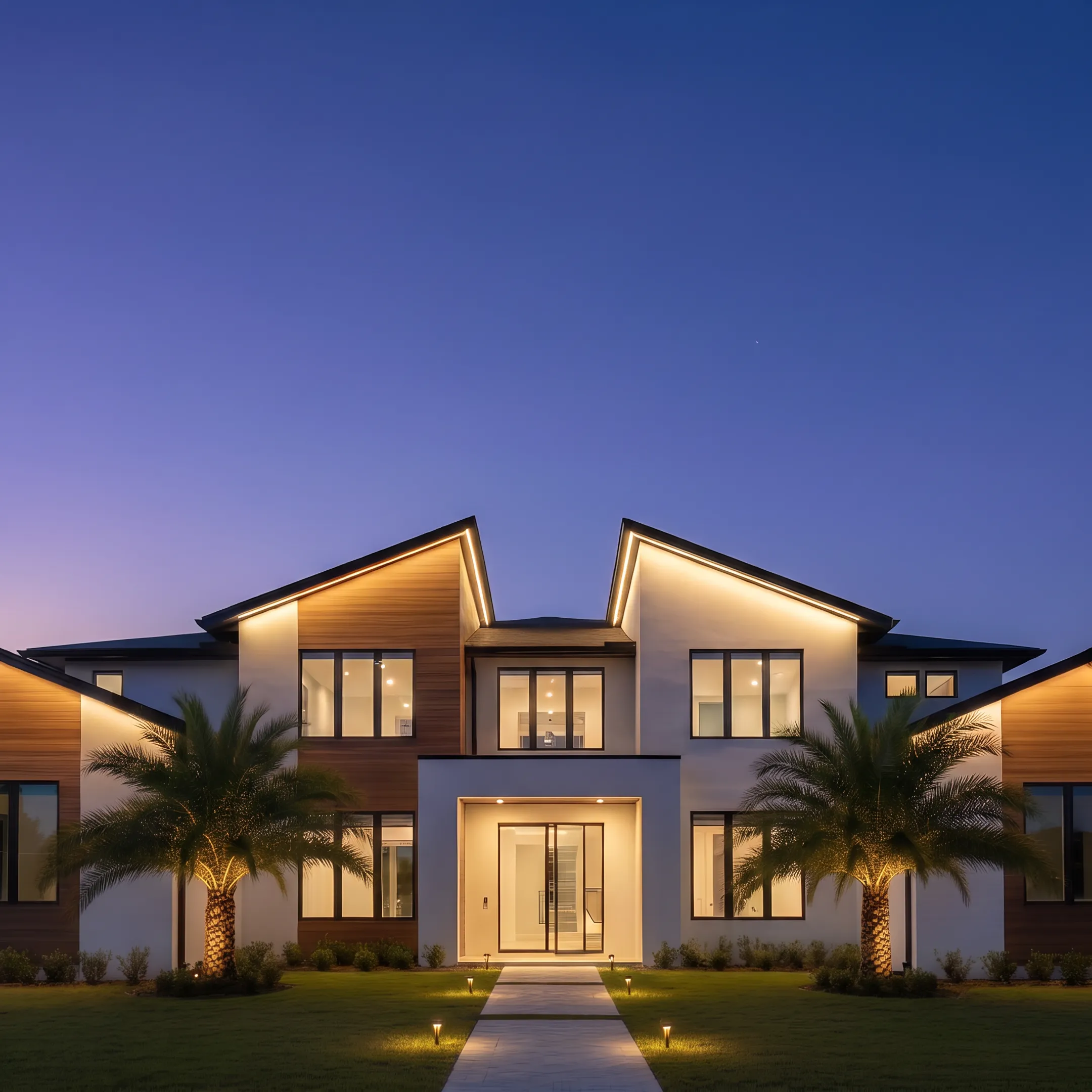 Home with permanent LED roofline lighting at night