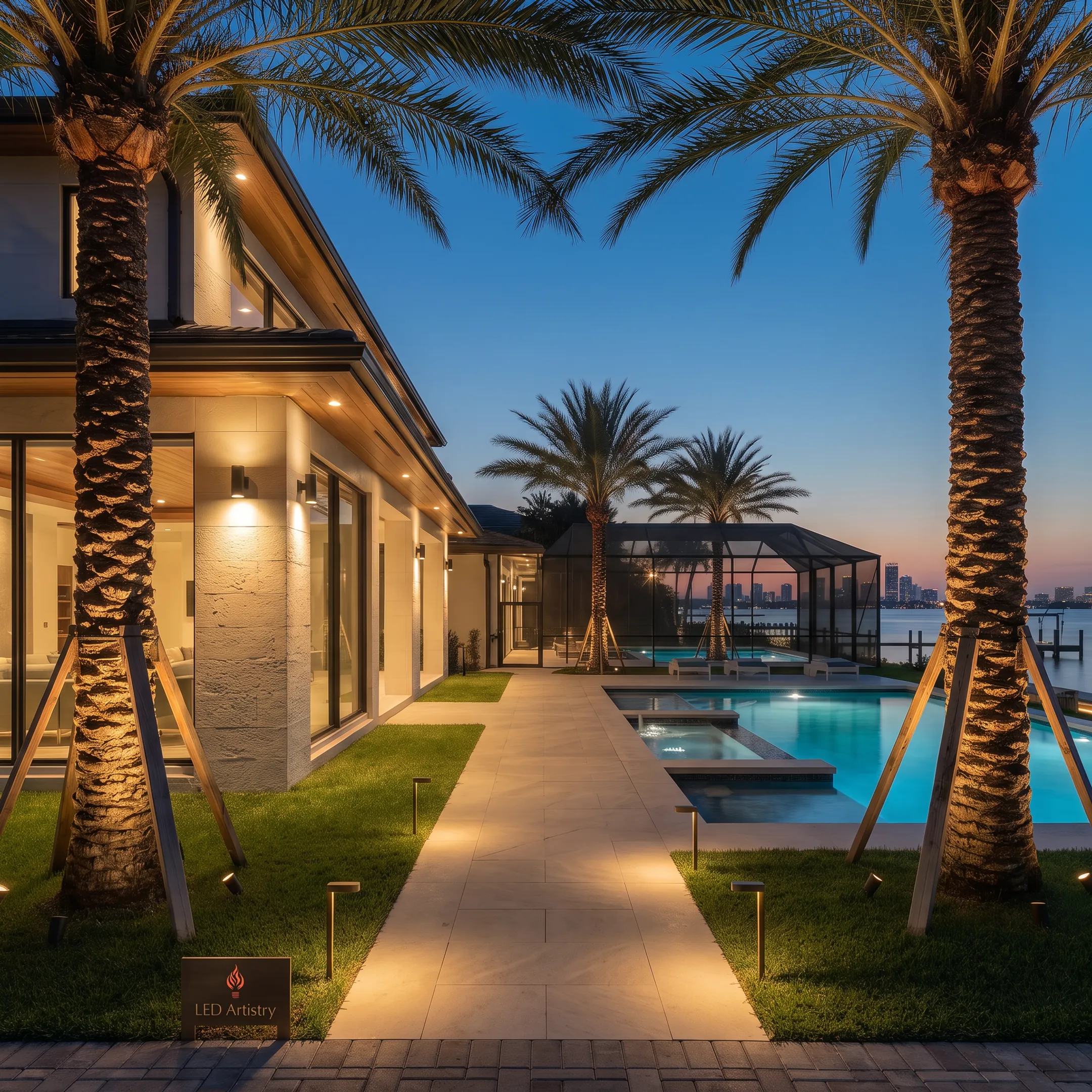 Illuminated landscape and home exterior at night