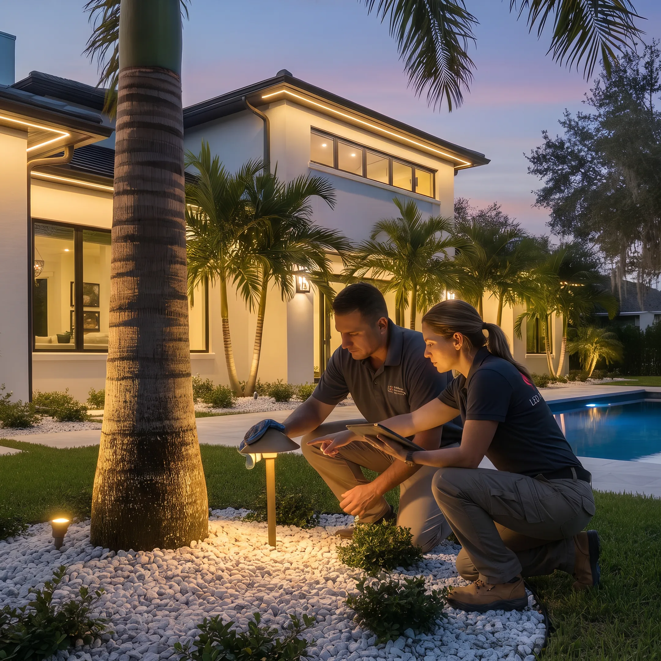 Designer reviewing outdoor LED lighting placement