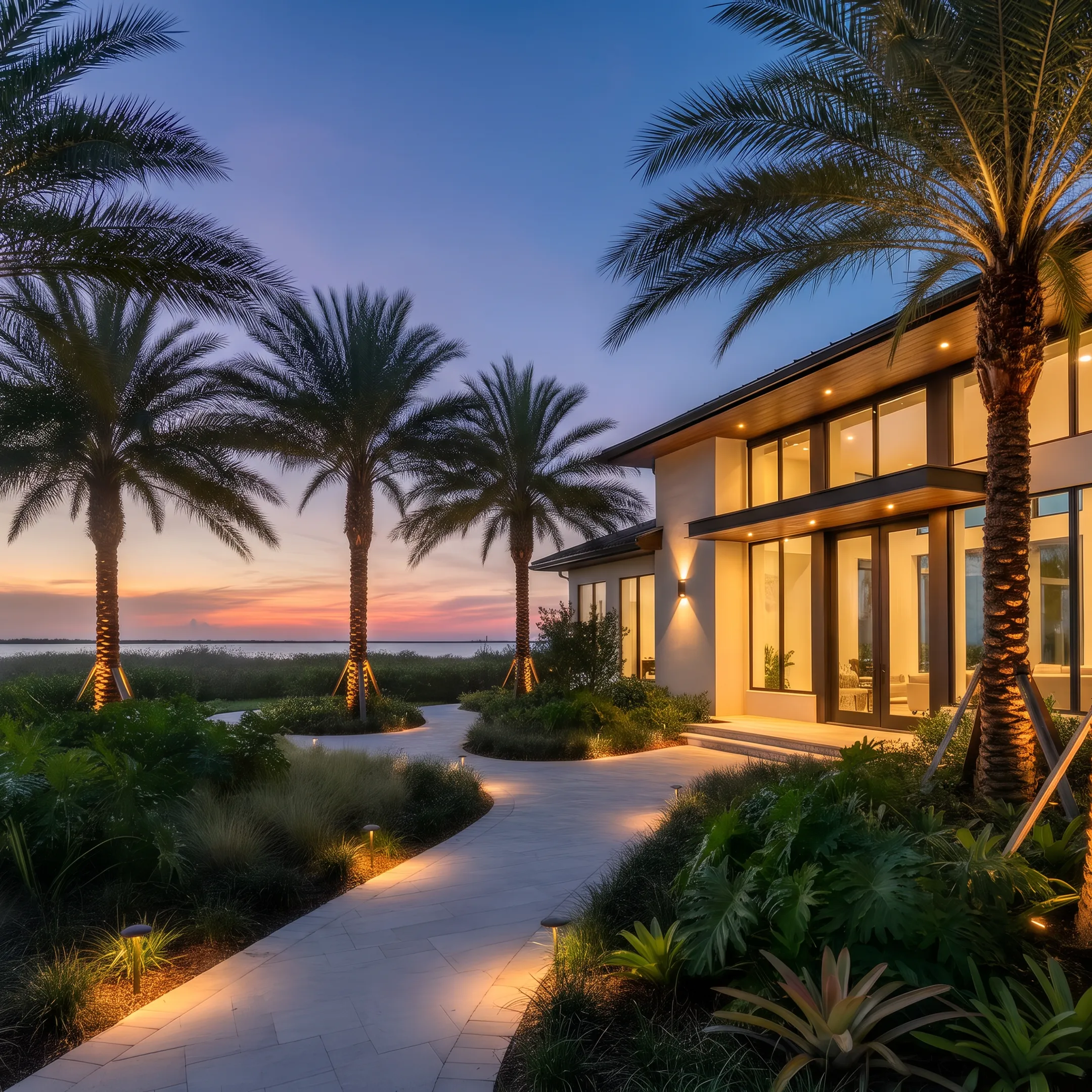 Custom outdoor LED lighting illuminating a landscaped home