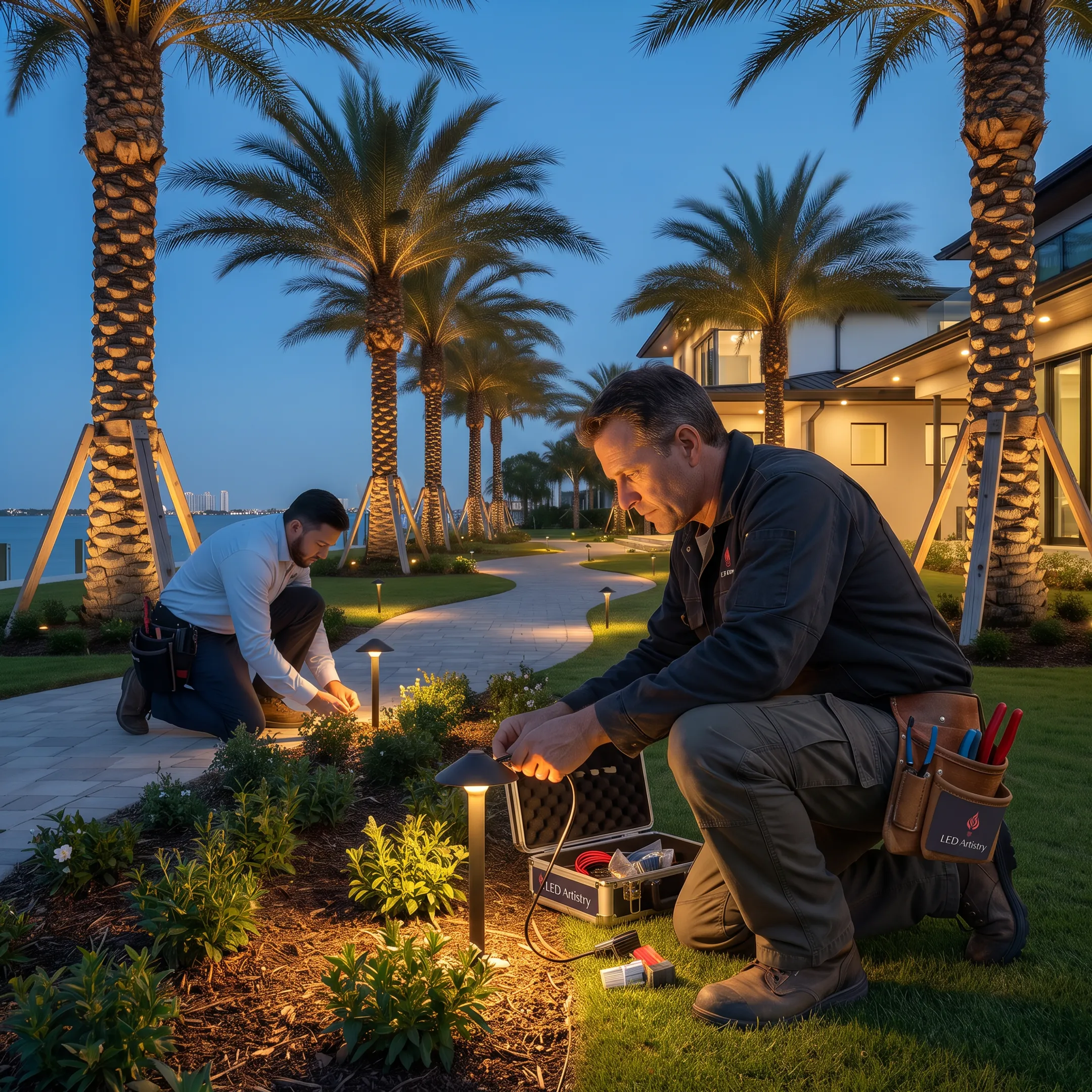 Lighting designer planning outdoor LED fixture placement