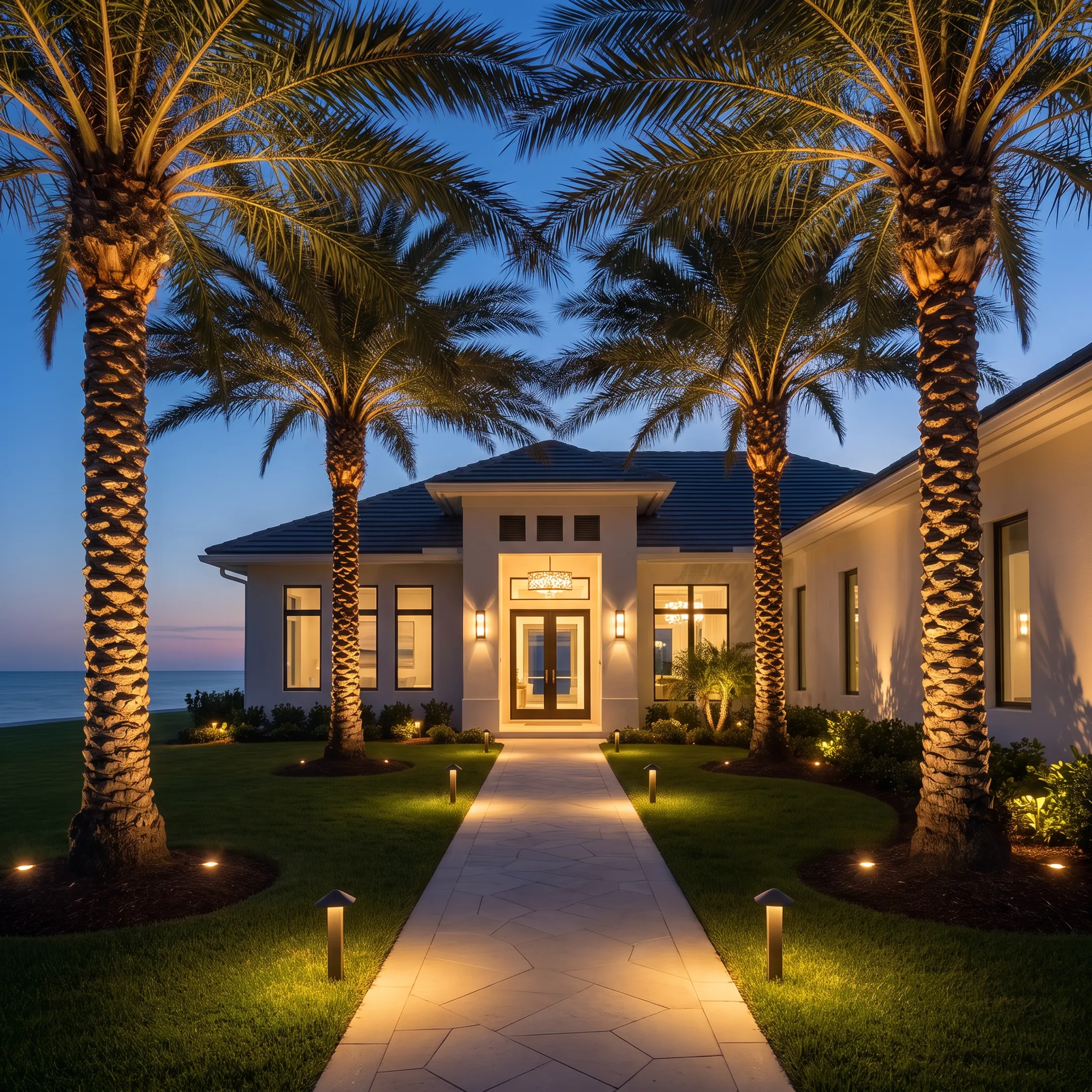 Illuminated Lakewood Ranch home landscape at night