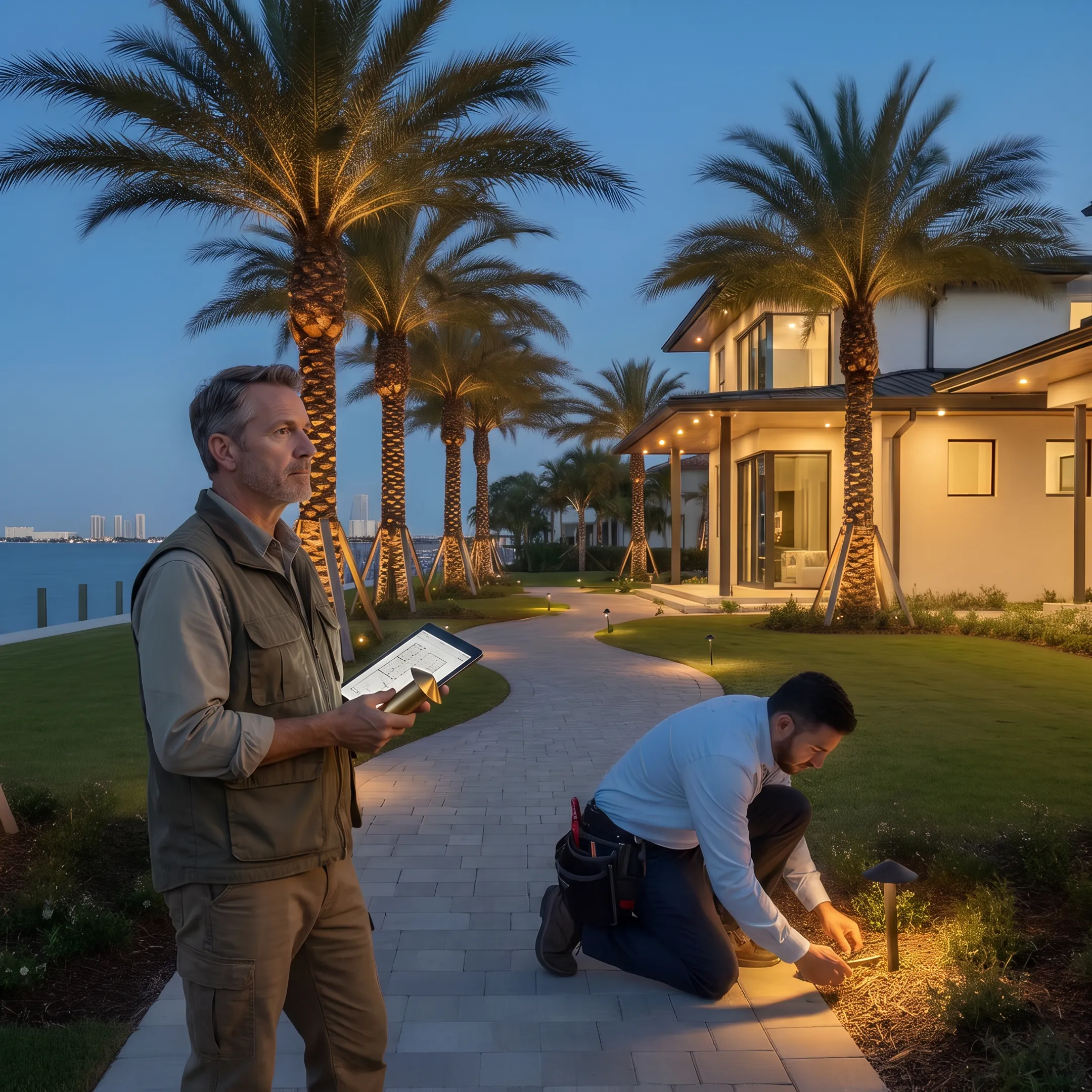 Lighting designer planning outdoor LED fixture placement