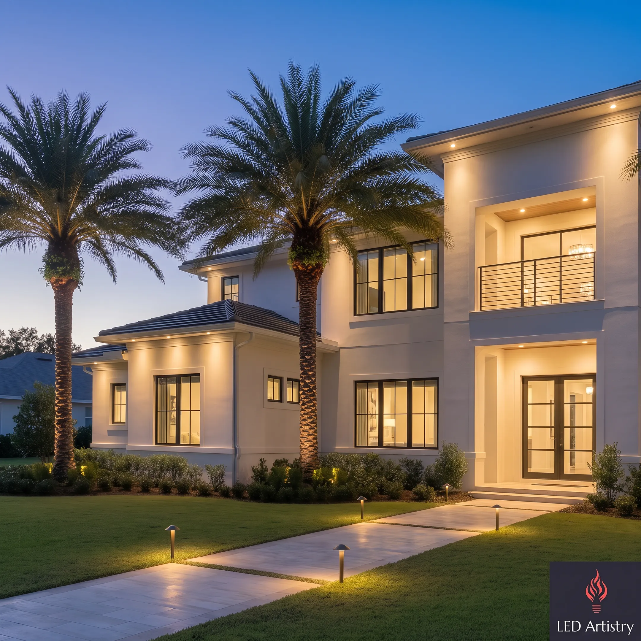 Custom LED landscape lighting illuminating a home exterior