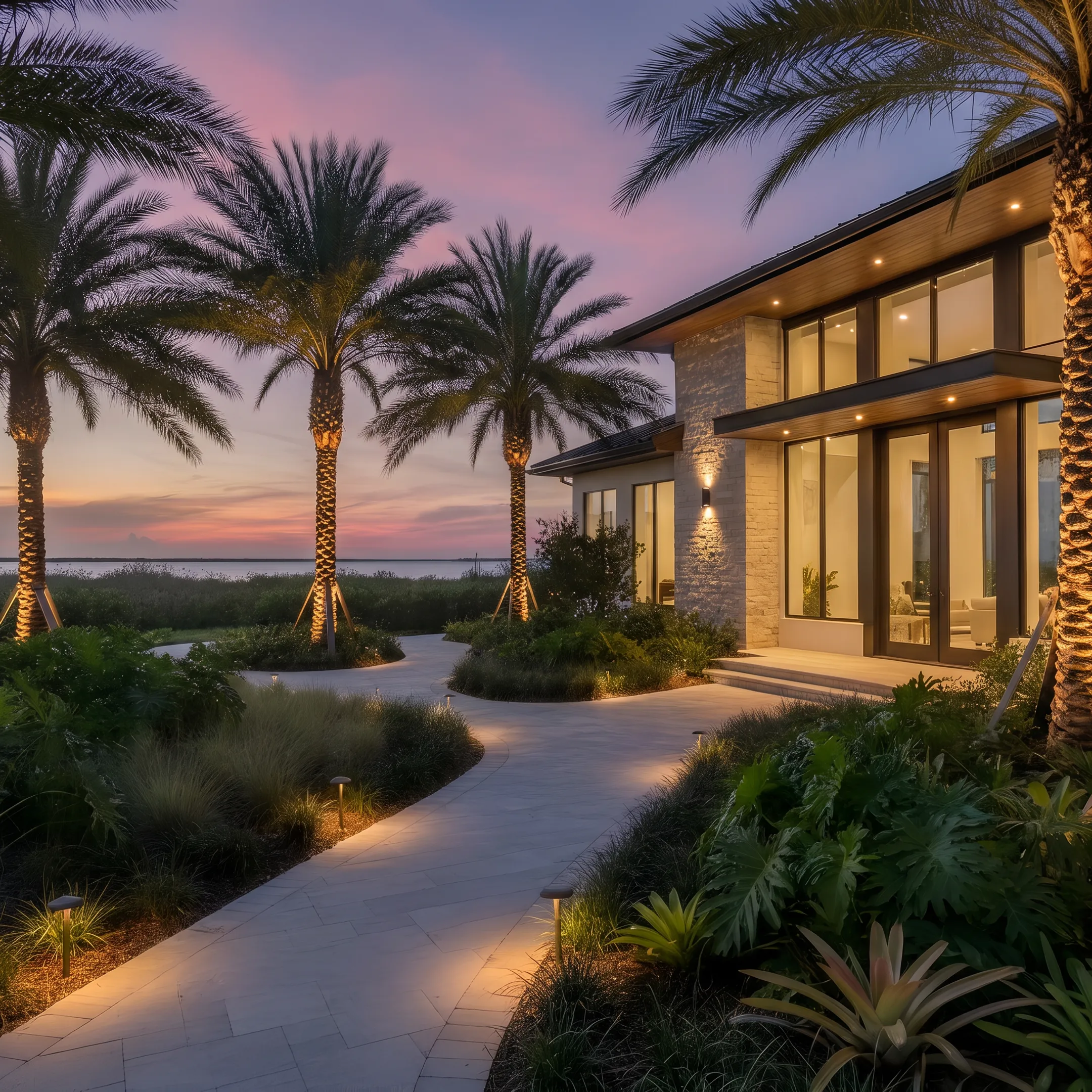 Custom LED landscape lighting illuminating a home exterior