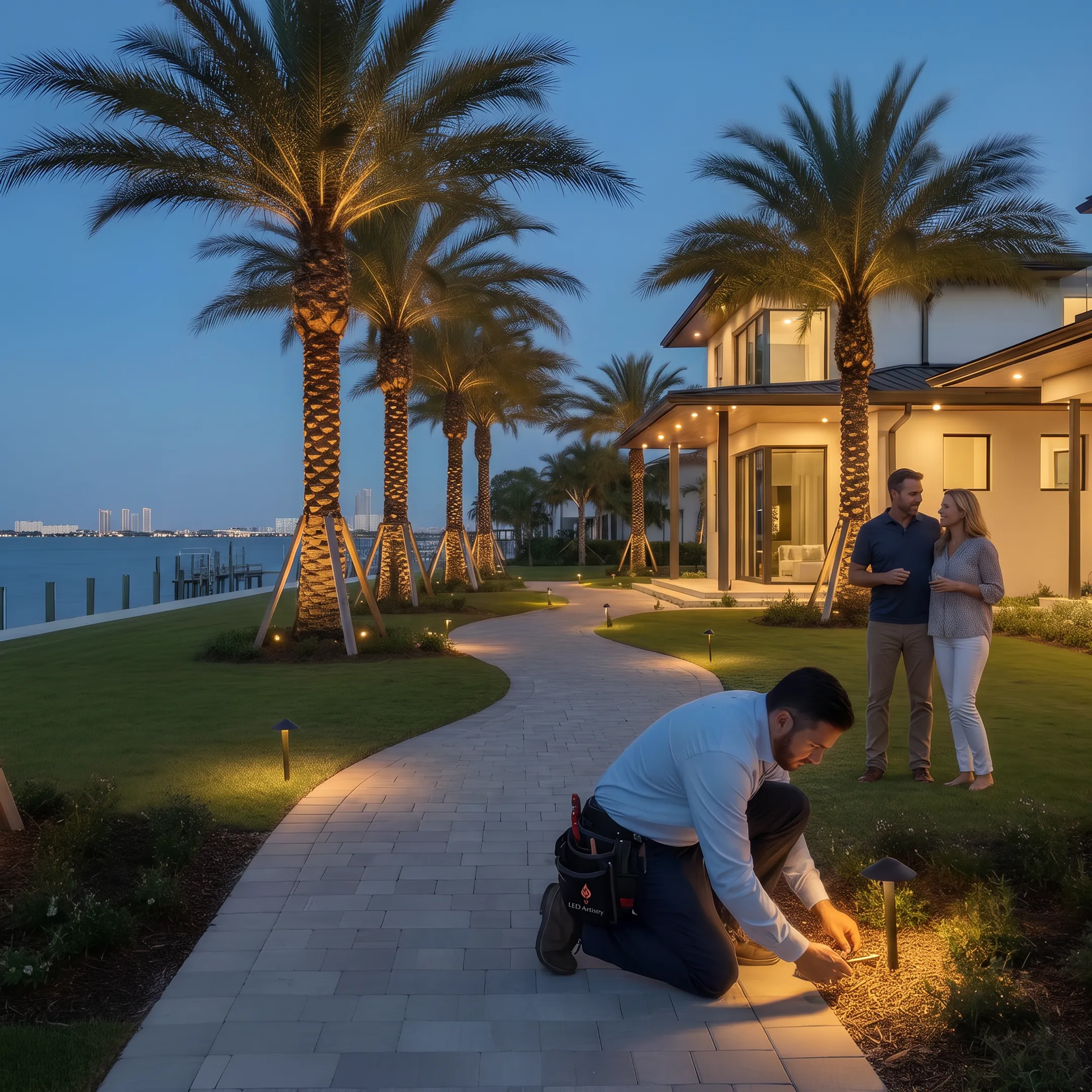 Lighting designer demonstrating outdoor LED fixtures at night