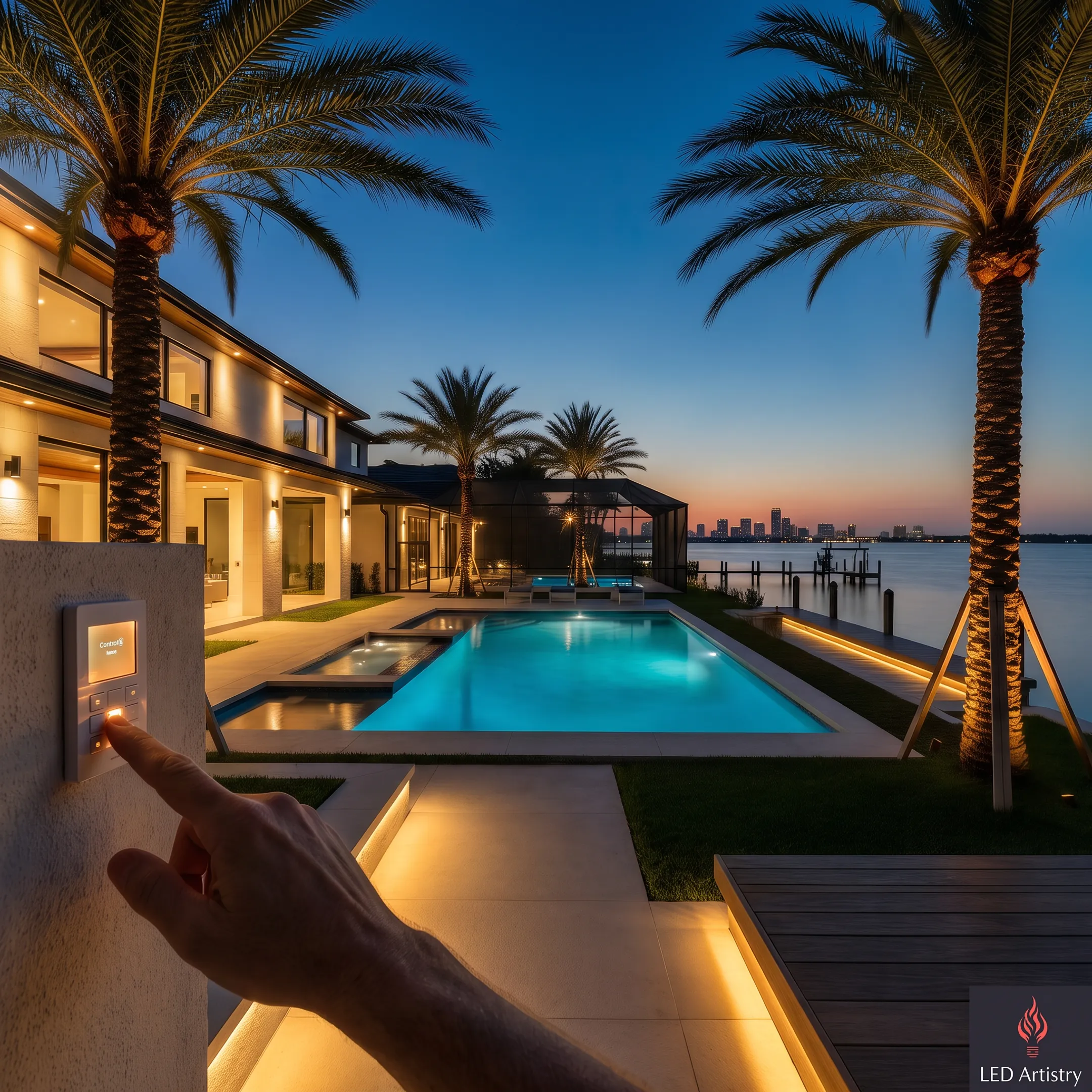 Smart-controlled outdoor lighting illuminating a home landscape