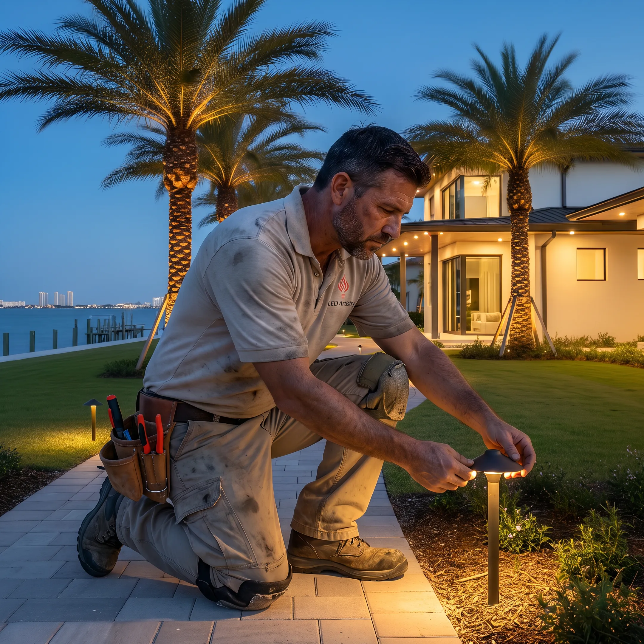 Lighting designer adjusting automated exterior LED fixtures