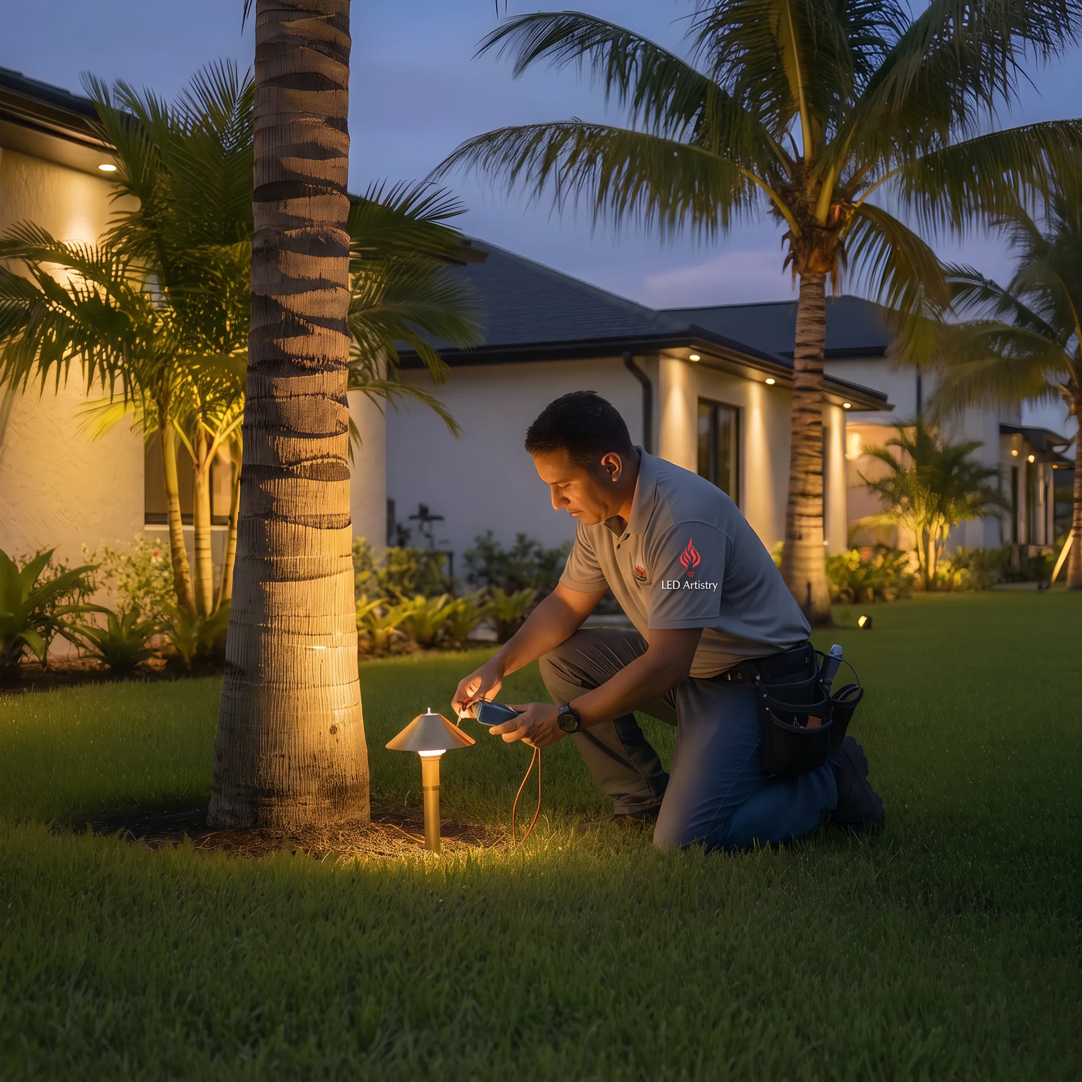 Lighting designer positioning an uplight beside a tree