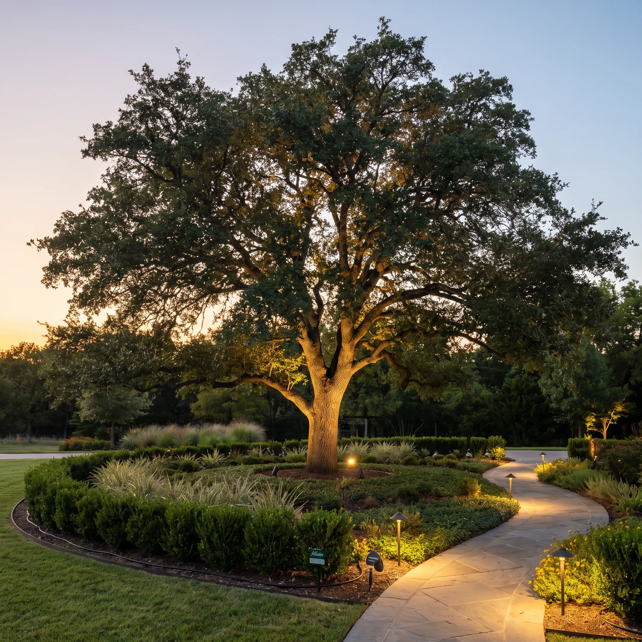 Illuminated mature tree in a landscaped yard at night