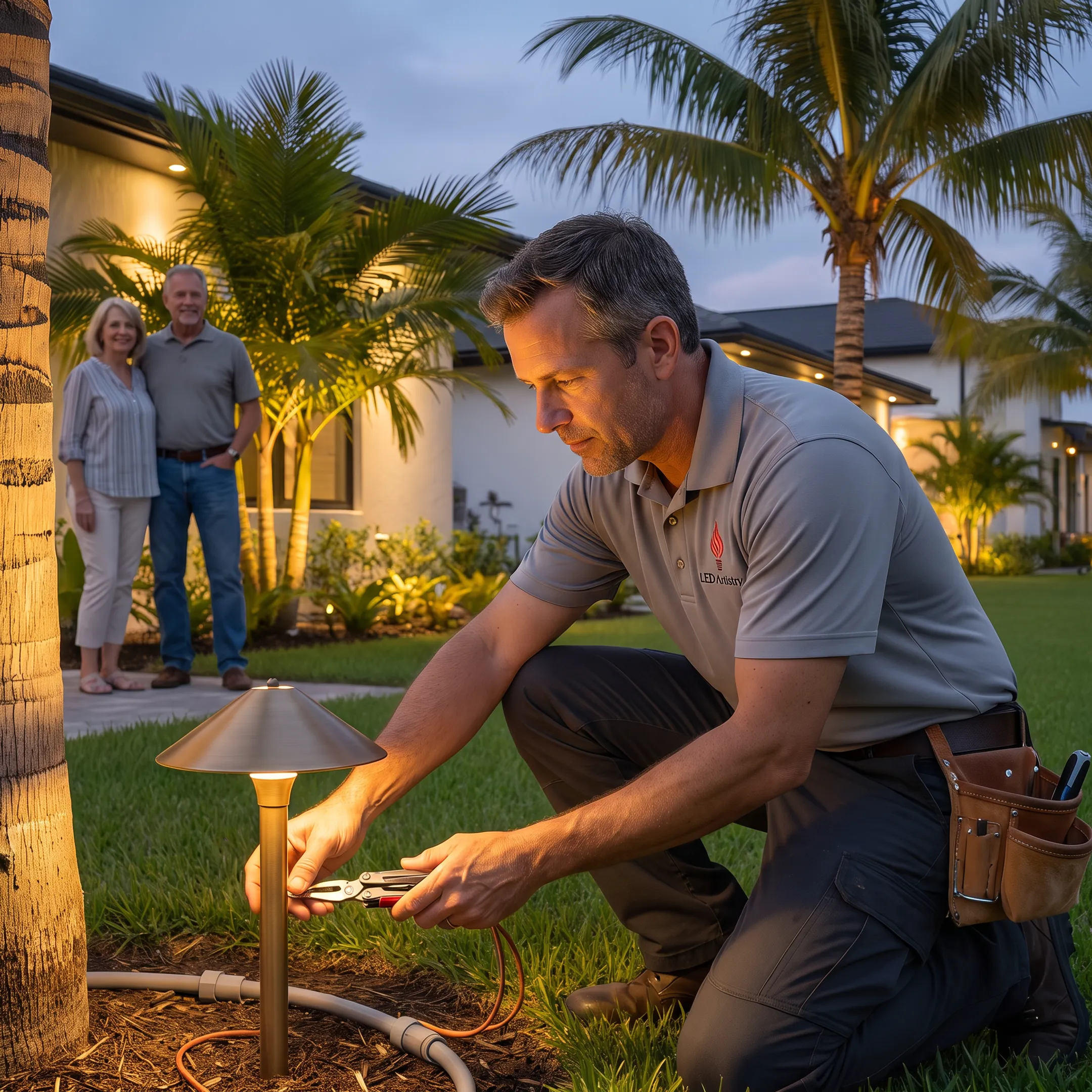 Lighting designer reviewing an outdoor LED installation at night