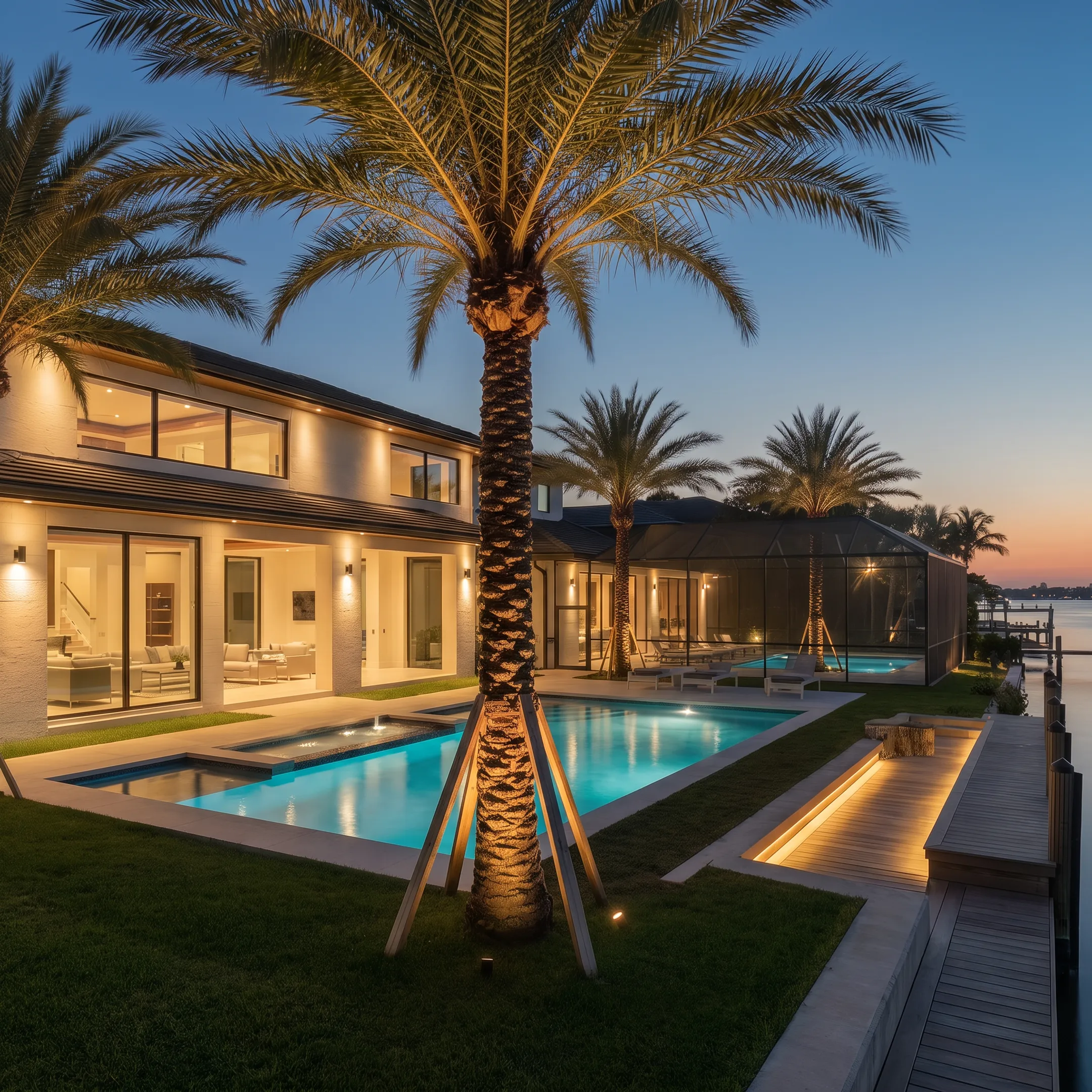 Professionally illuminated outdoor home and landscape at night