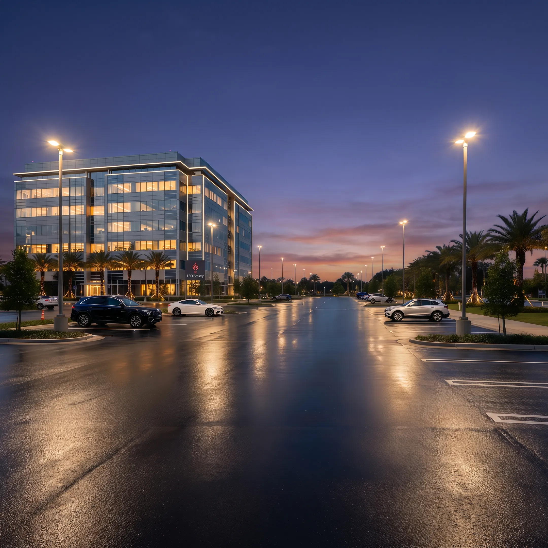Well-lit commercial parking lot at night
