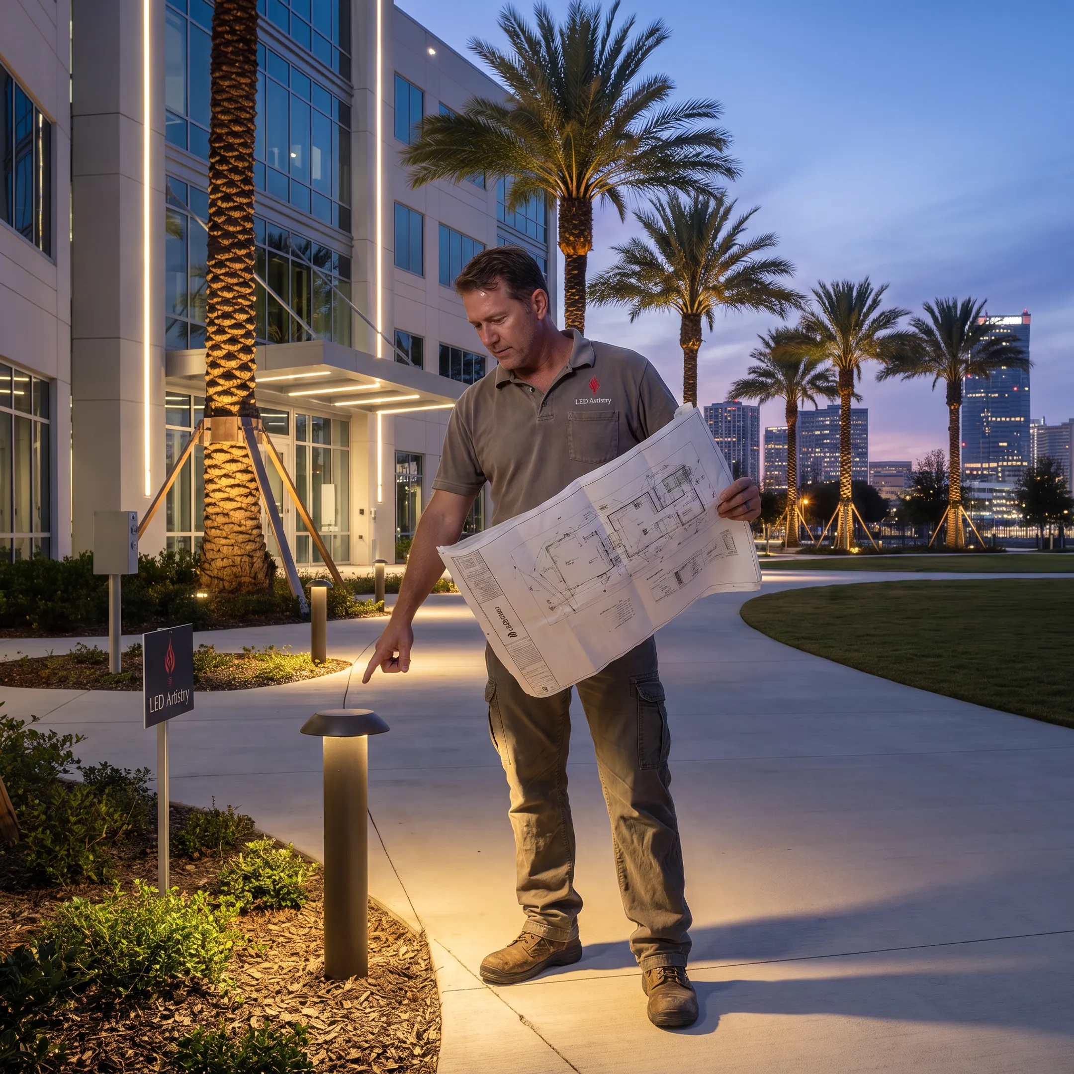 Lighting specialist planning exterior commercial LED fixtures