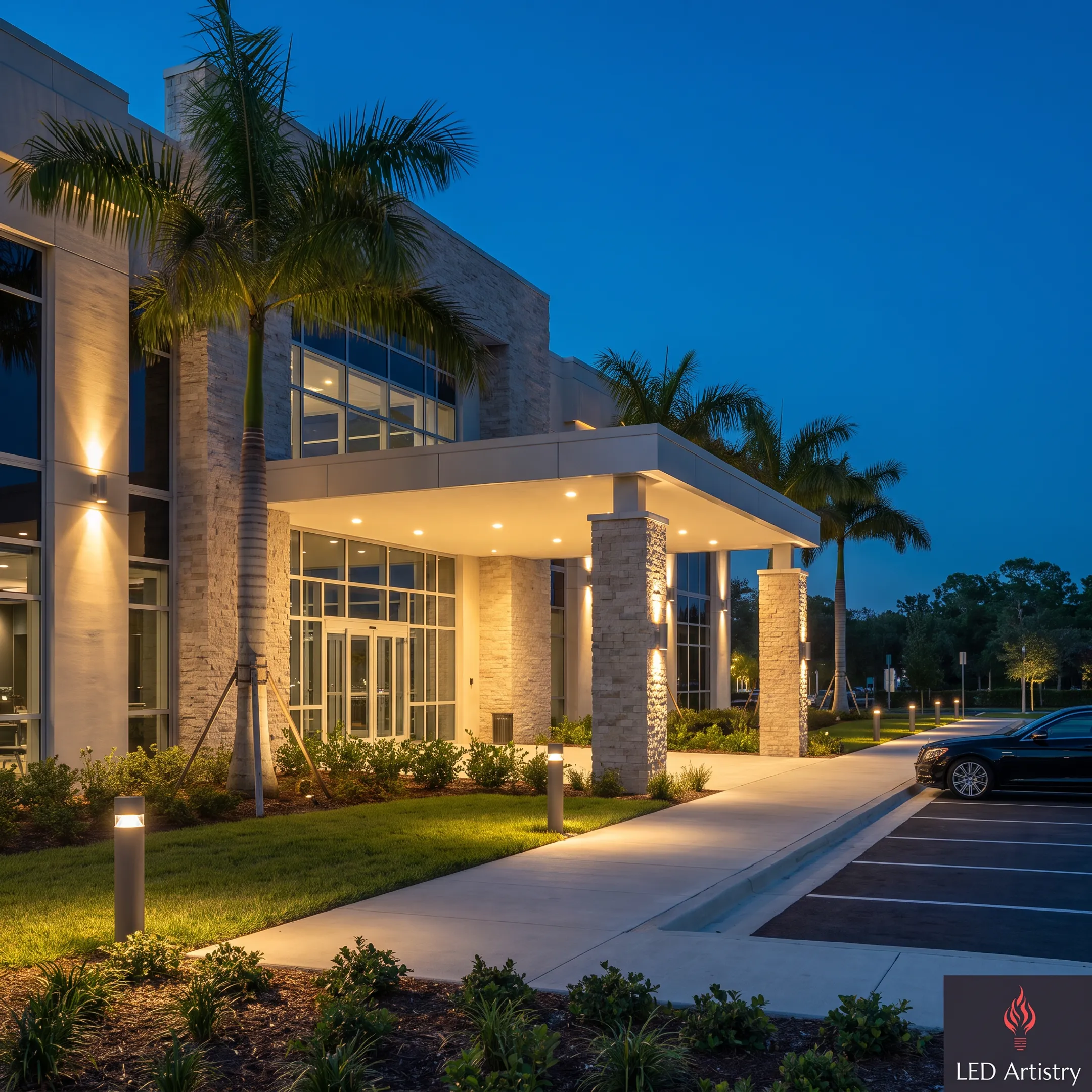 Commercial building with elegant exterior LED lighting