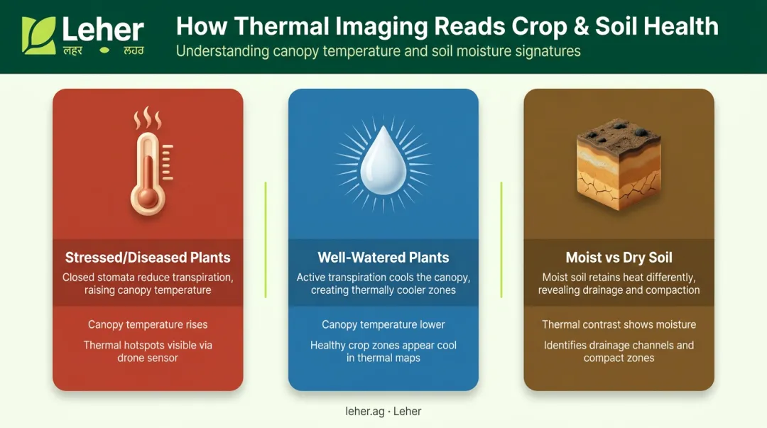 Three thermal crop diagnostic signatures comparing stressed diseased and healthy plants