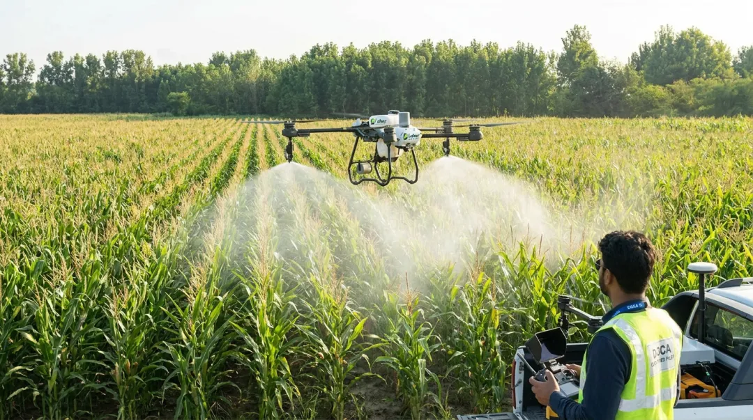 Leher agricultural drone spraying crop field covering multiple farm plots