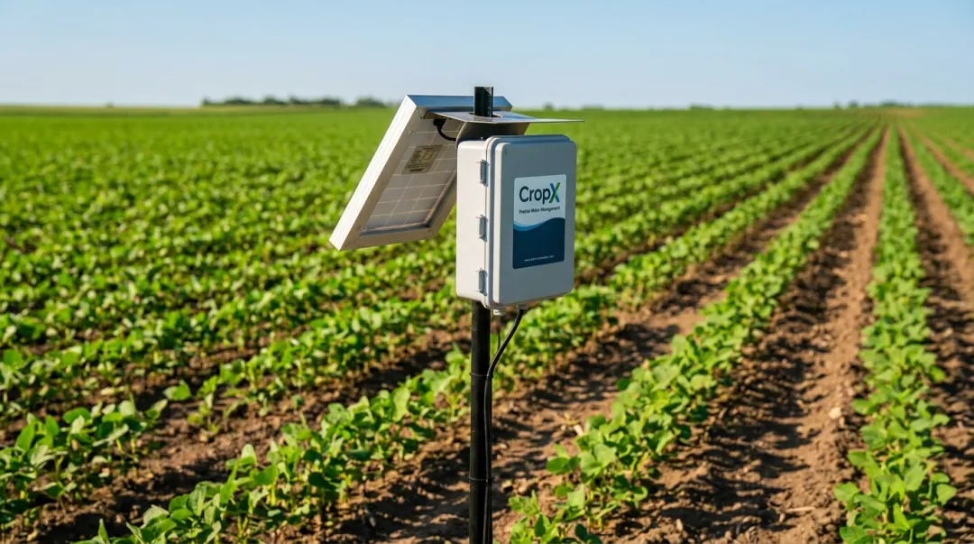 IoT soil moisture sensor probe installed in agricultural crop field