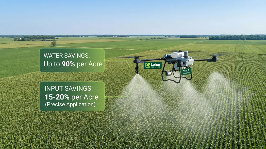 Leher drone spraying service in operation over Indian agricultural field