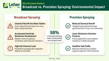 Precision spraying versus broadcast spraying environmental impact comparison infographic