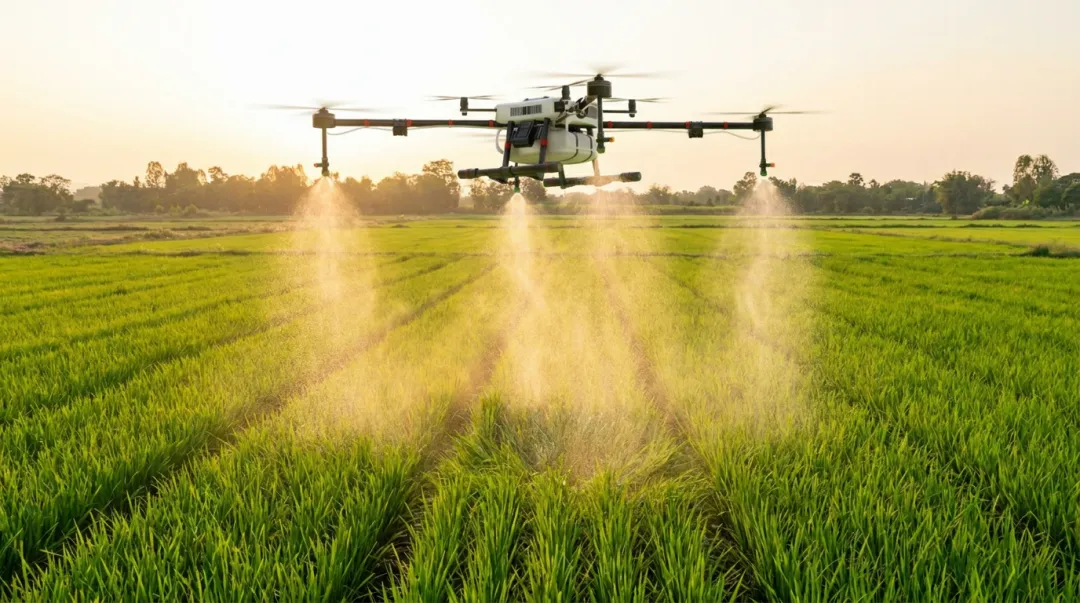 Agricultural drone spraying over paddy or sugarcane crop rows in Indian field