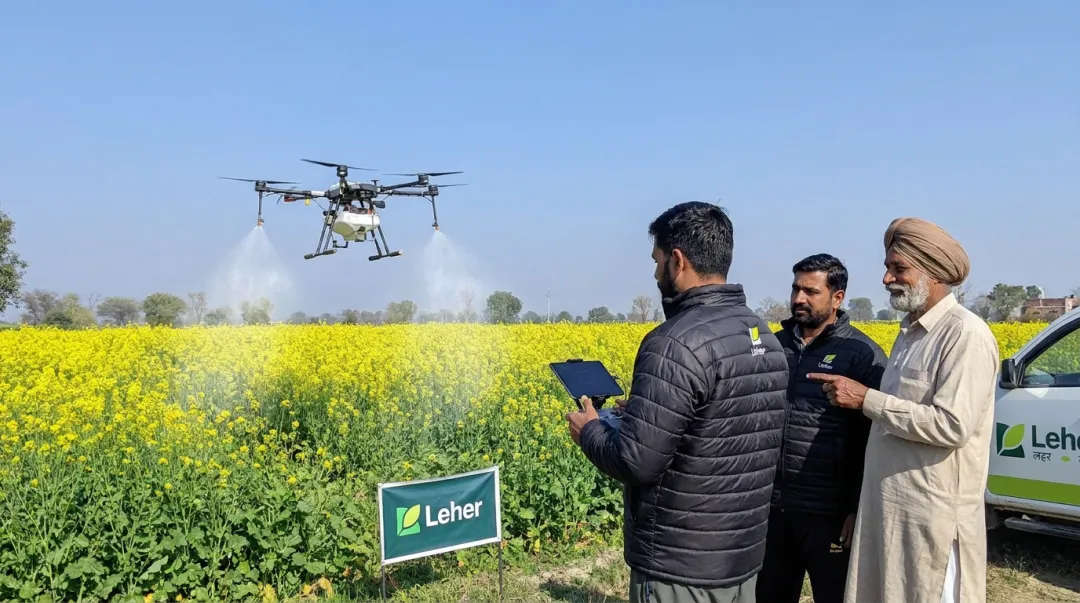DGCA-certified drone pilot spraying crops on Indian smallholder farm field