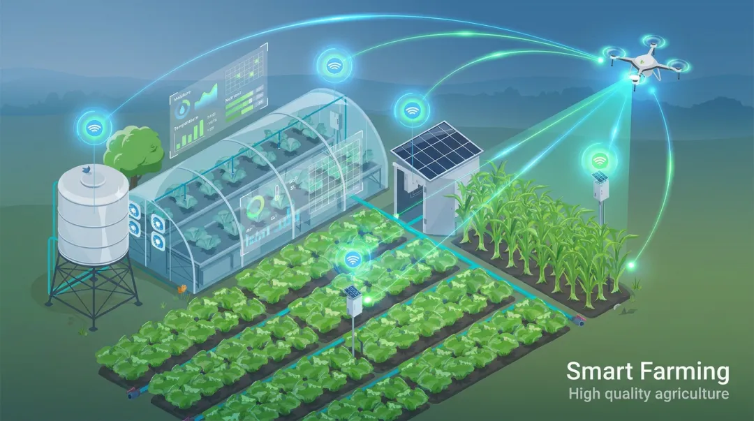 Smart agriculture digital connectivity concept showing IoT sensors drones and AI data network on farmland